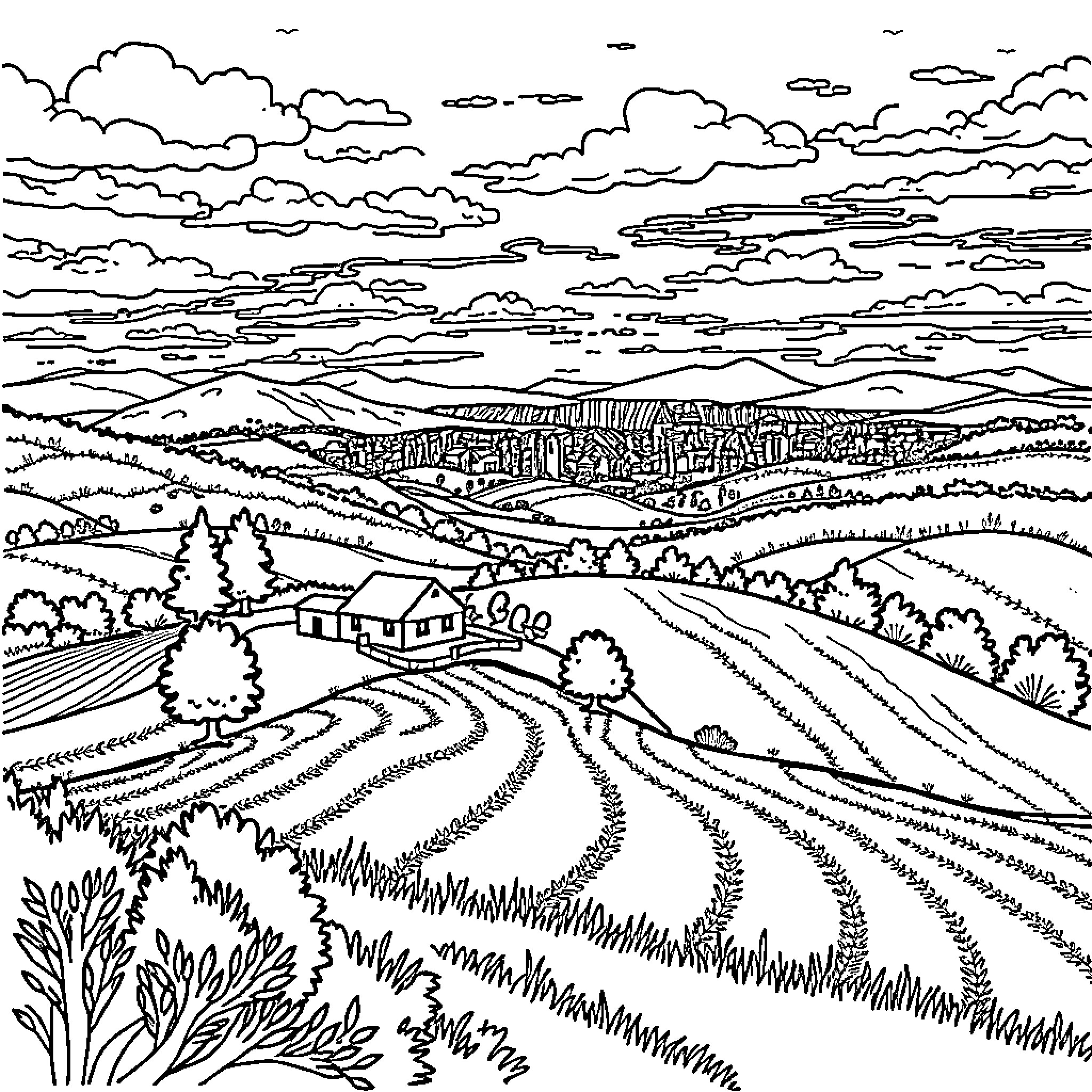Farm Landscape with Rolling Hills and Distant City Coloring Page (free black-and-white line drawing printable PDF for all, from beginners to advanced learners, including children, teens, adults, and seniors)