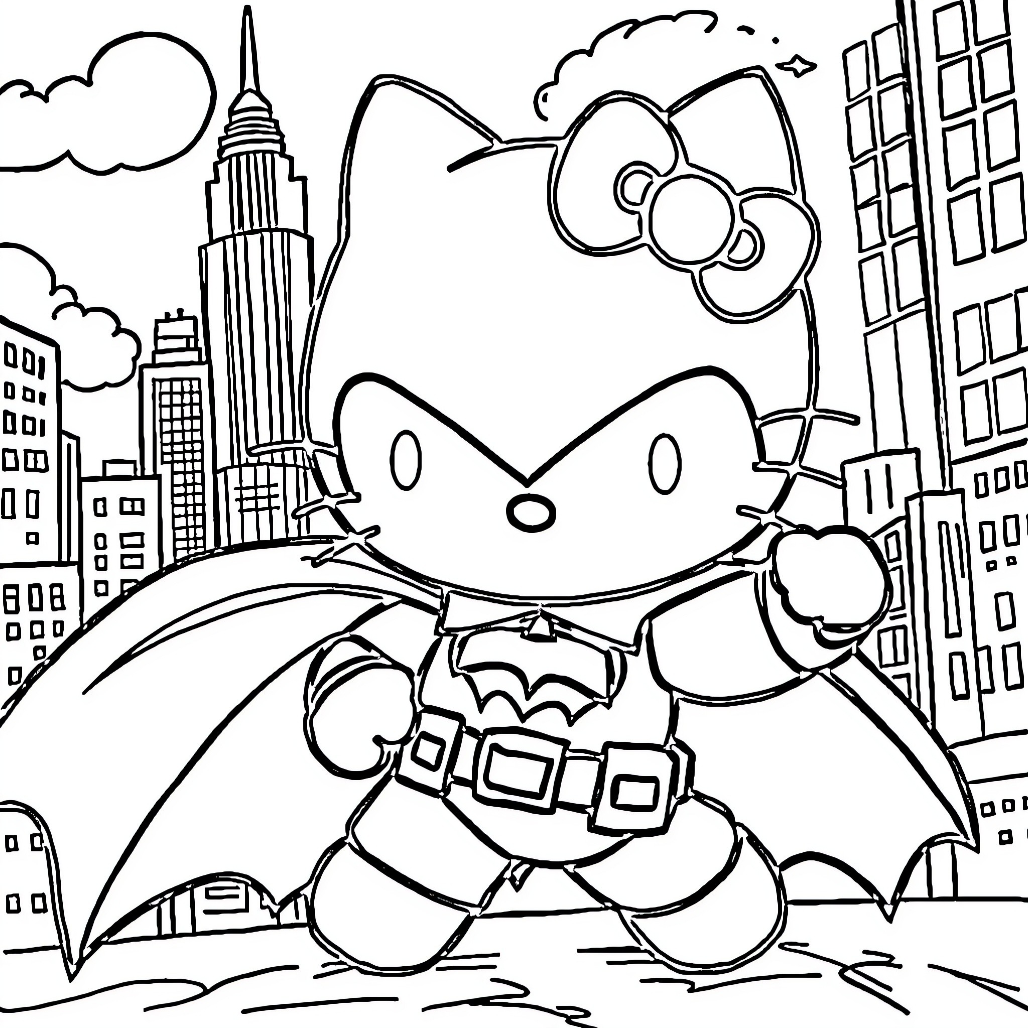 Hello Kitty as a Superhero in the City Coloring Page (free black-and-white line drawing printable PDF for all, from beginners to advanced learners, including children, teens, adults, and seniors)