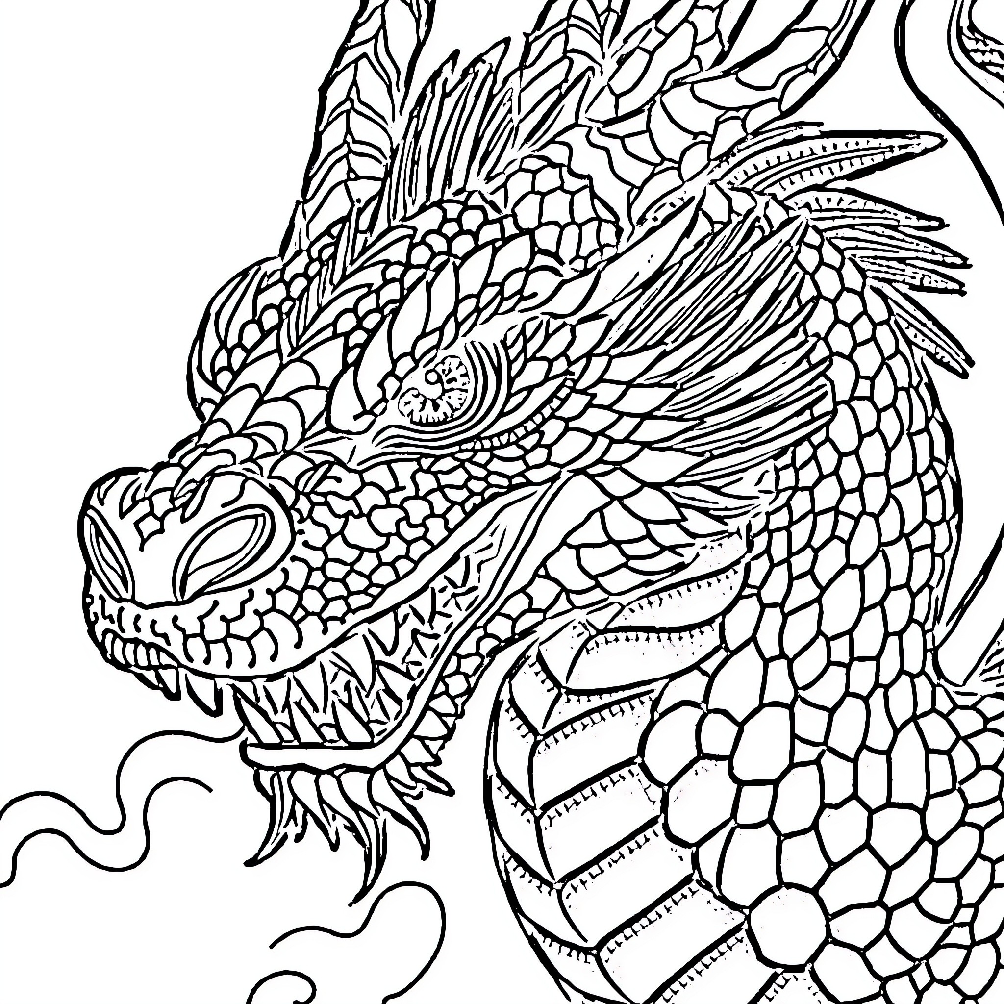 Dragon with intricate scales and fierce expression Coloring Page (free black-and-white line drawing printable PDF for all, from beginners to advanced learners, including children, teens, adults, and seniors)