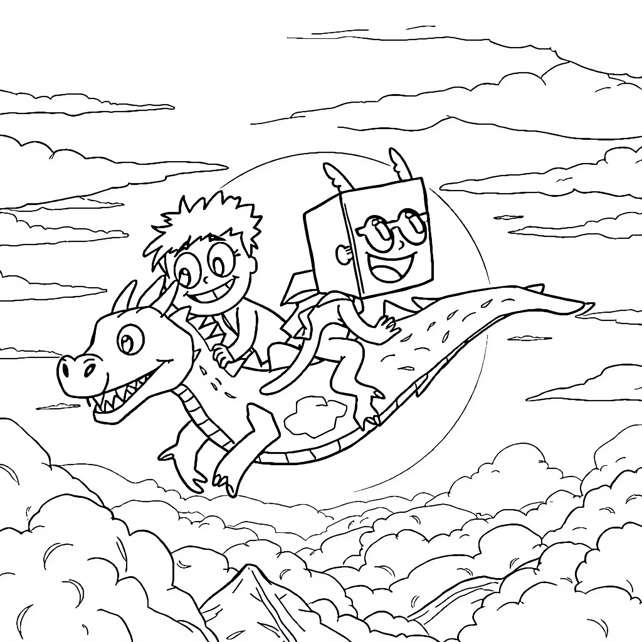 Dragon-themed friends ride on a winged beast Coloring Page (free black-and-white line drawing printable PDF for all, from beginners to advanced learners, including children, teens, adults, and seniors)