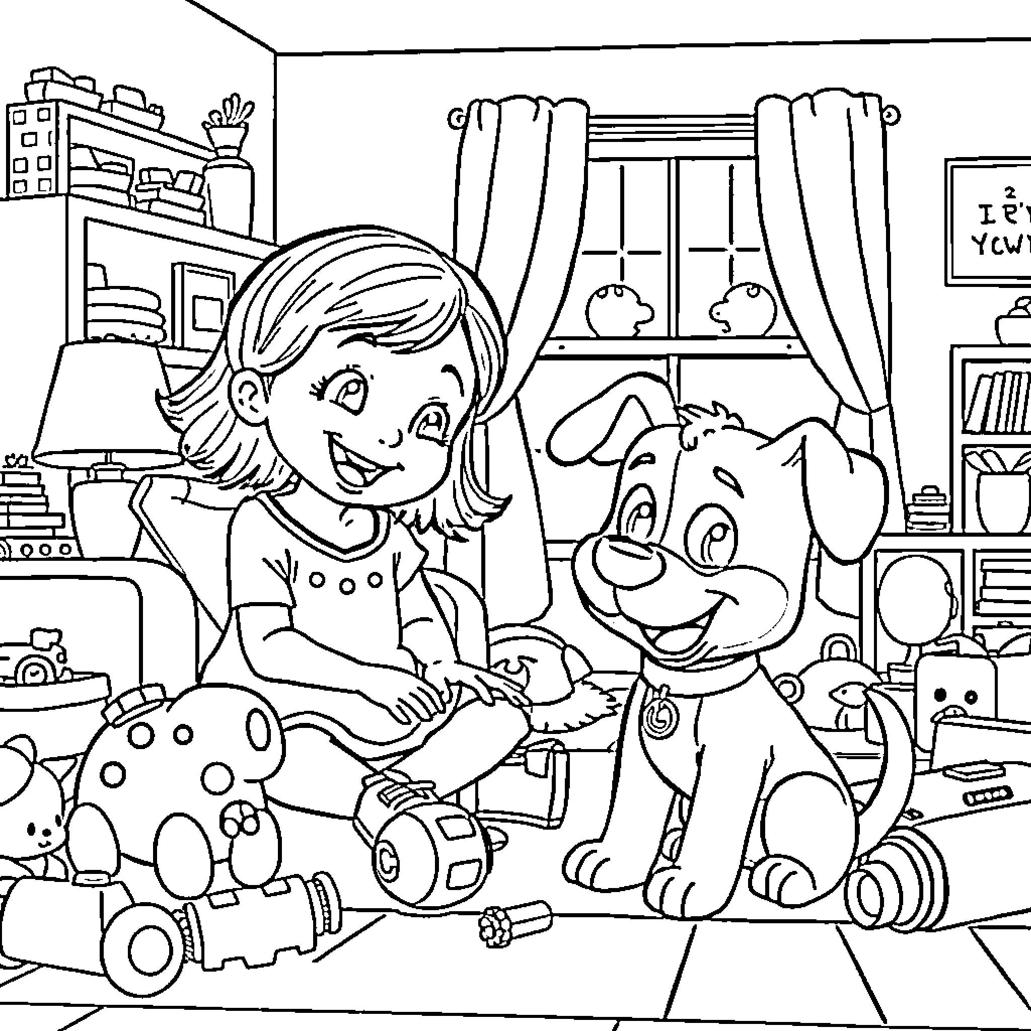 Eliana playing joyfully with her puppy in a cozy bedroom Coloring Page (free black-and-white line drawing printable PDF for all, from beginners to advanced learners, including children, teens, adults, and seniors)