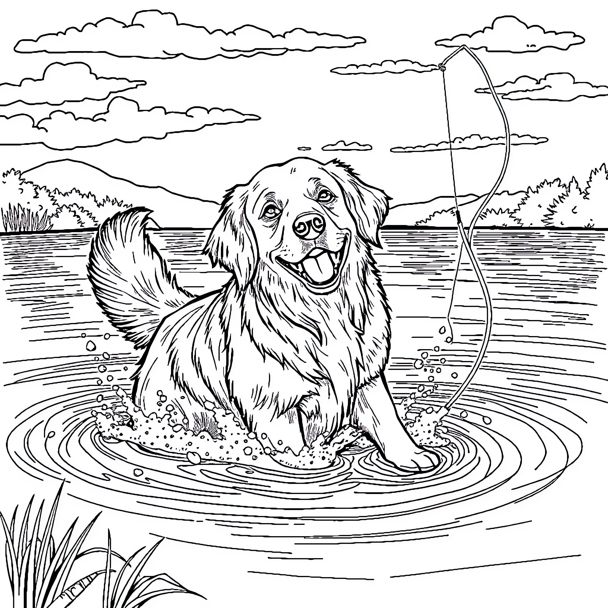 Golden Retriever splashing in lake with fishing rod Coloring Page (free black-and-white line drawing printable PDF for all, from beginners to advanced learners, including children, teens, adults, and seniors)