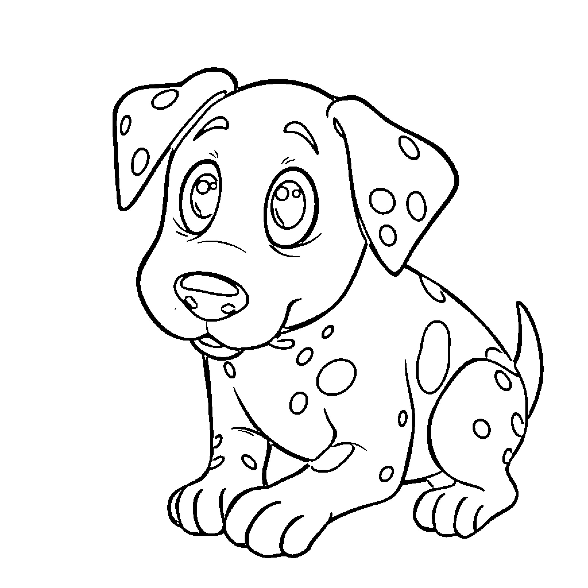 Dalmatian puppy playing cheerfully Coloring Page (free black-and-white line drawing printable PDF for all, from beginners to advanced learners, including children, teens, adults, and seniors)