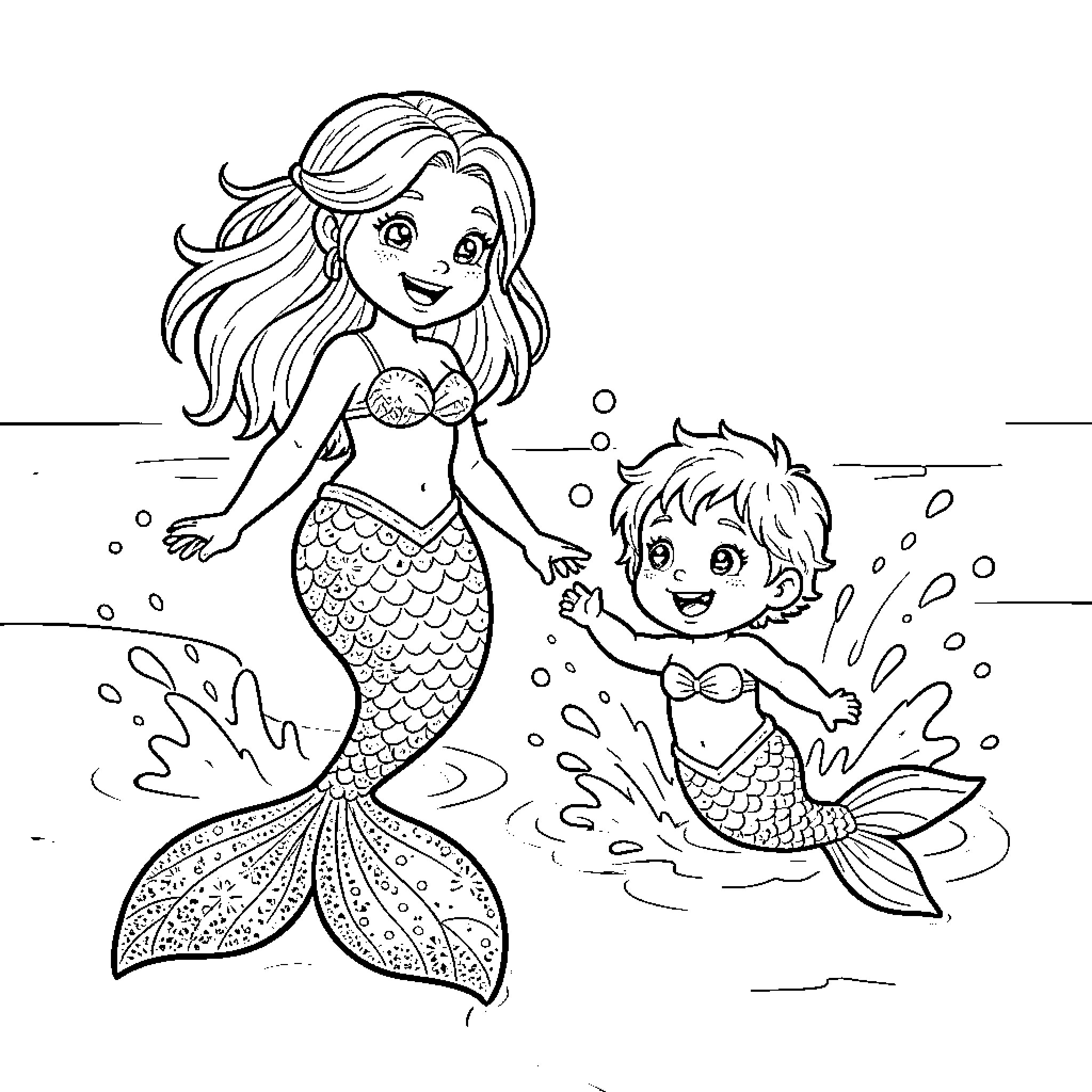 Mermaid friends enjoying the underwater world Coloring Page (free black-and-white line drawing printable PDF for all, from beginners to advanced learners, including children, teens, adults, and seniors)