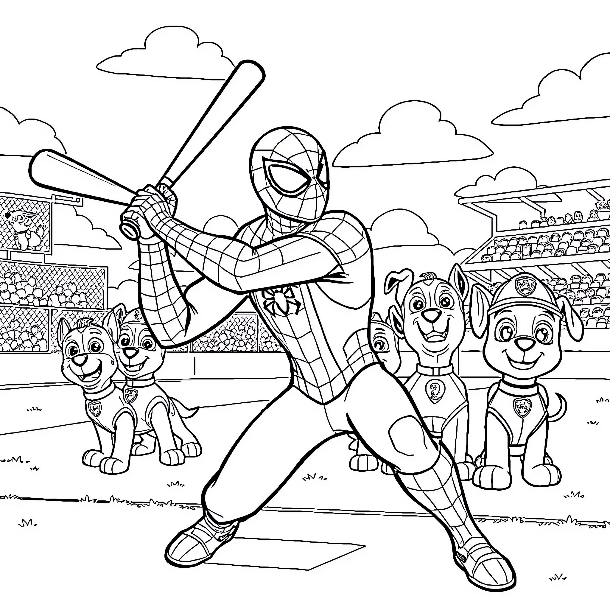 Spiderman plays baseball with puppies on the field Coloring Page (free black-and-white line drawing printable PDF for all, from beginners to advanced learners, including children, teens, adults, and seniors)