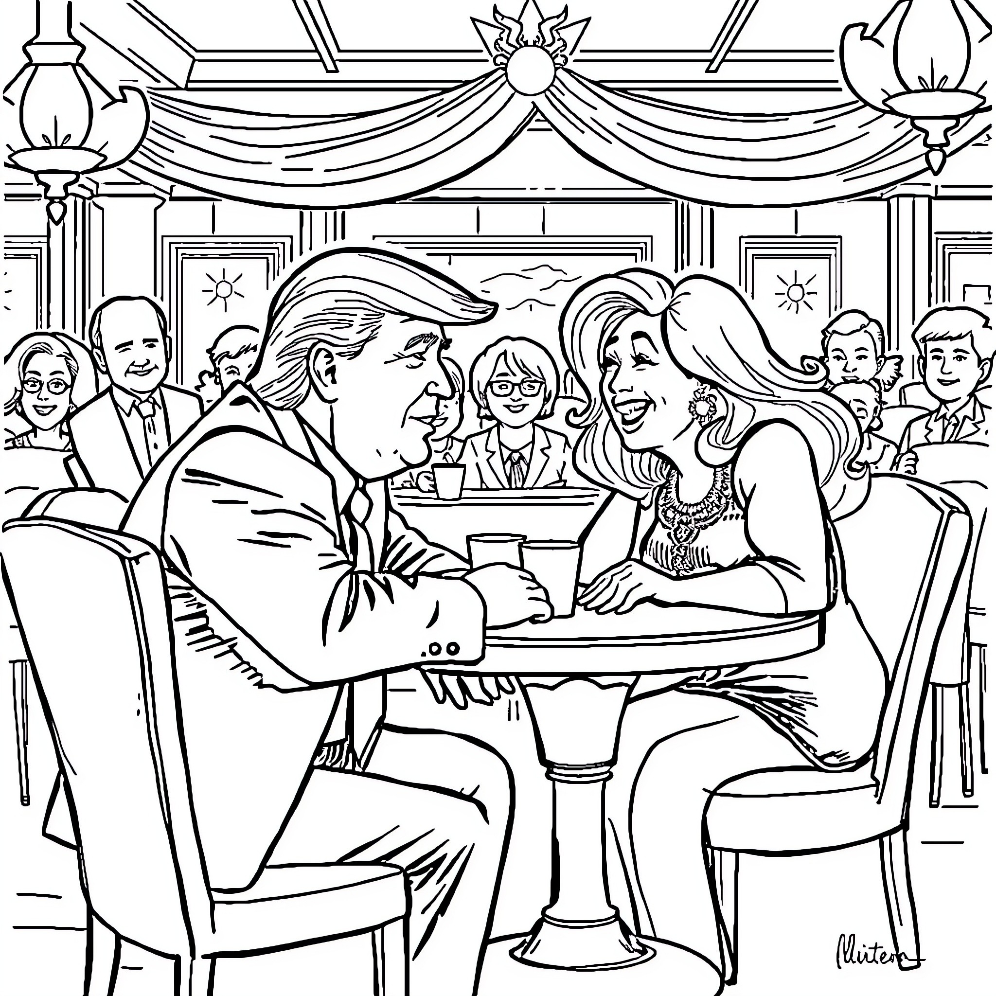 Donald Trump Dining with Companions in Lavish Surroundings Coloring Page (free black-and-white line drawing printable PDF for all, from beginners to advanced learners, including children, teens, adults, and seniors)