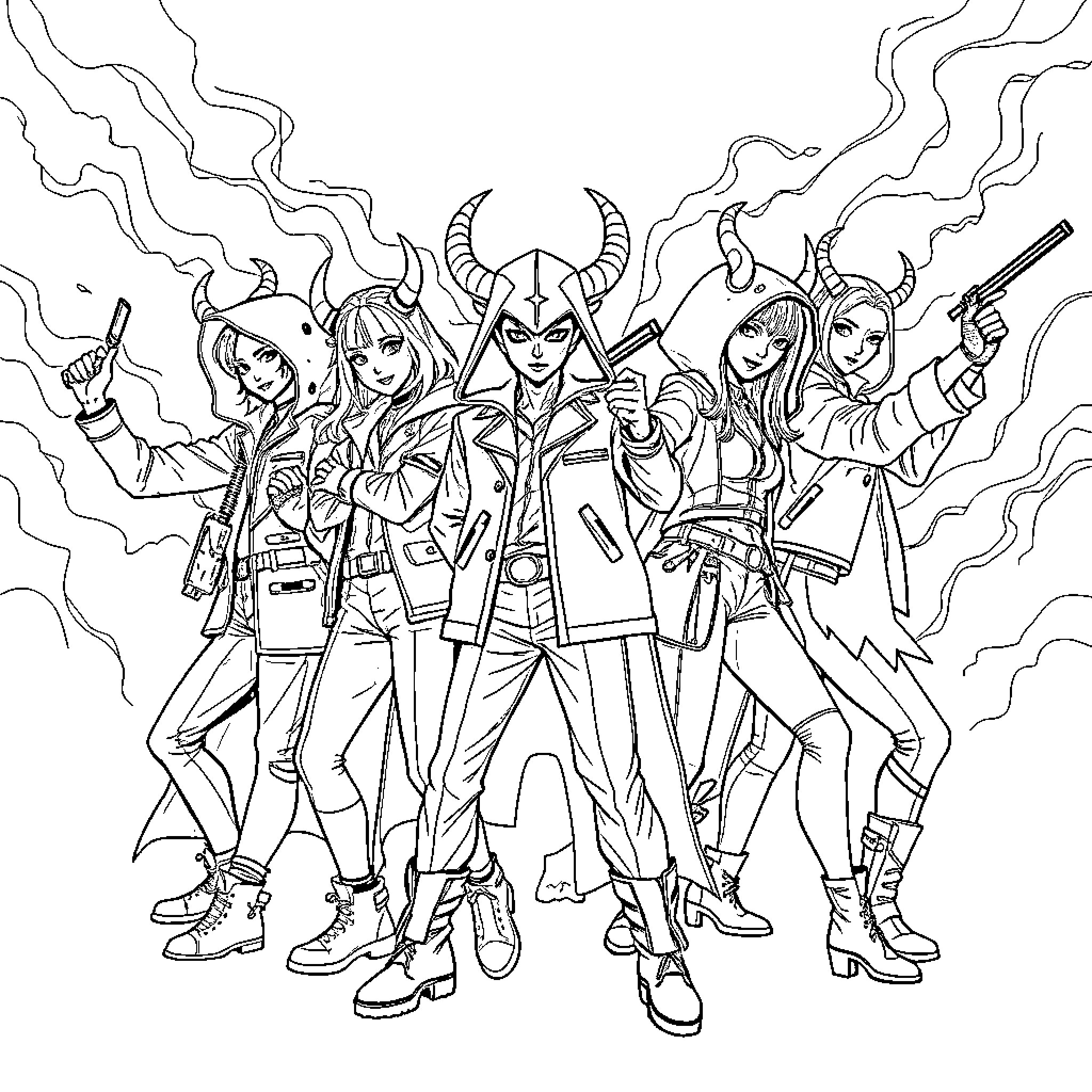 Demon Hunter Squad Wielding Powerful Weapons Coloring Page (free black-and-white line drawing printable PDF for all, from beginners to advanced learners, including children, teens, adults, and seniors)
