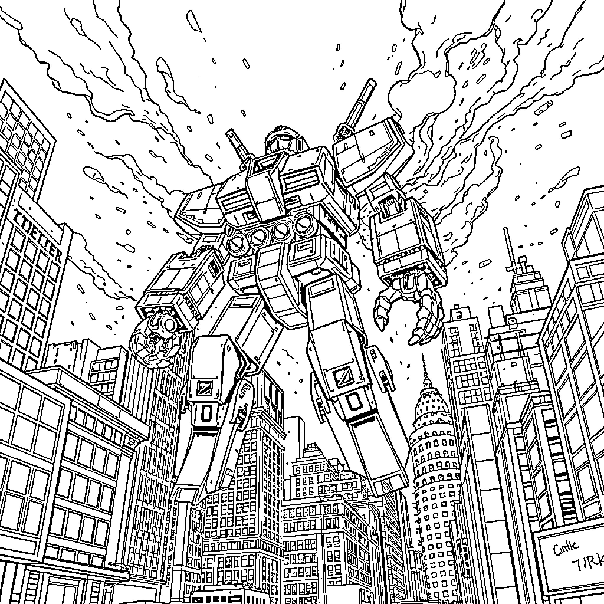 Mecha Robot Destroying City Buildings in Intense Battle Coloring Page (free black-and-white line drawing printable PDF for all, from beginners to advanced learners, including children, teens, adults, and seniors)