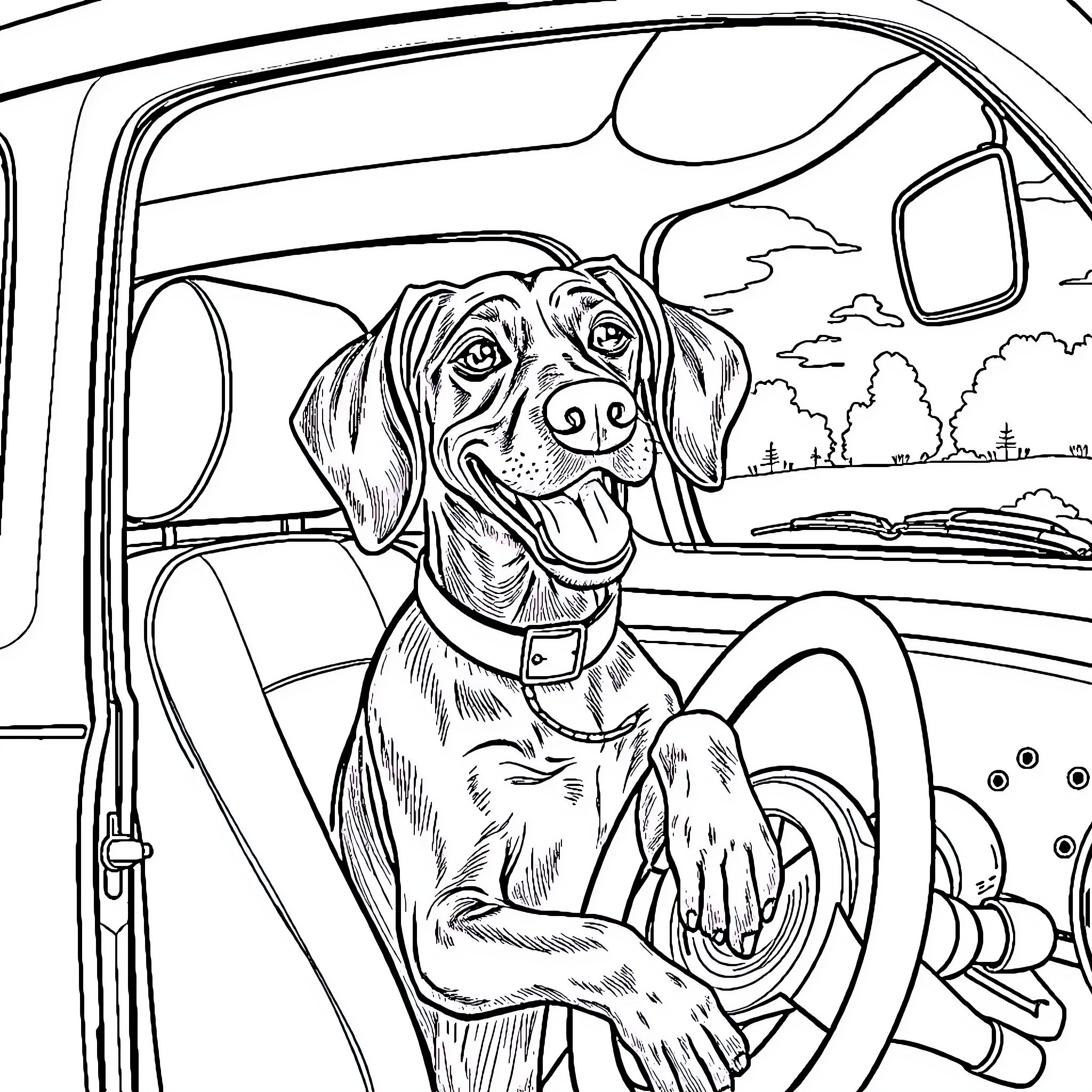 Vizsla enjoying a car ride with happy expression Coloring Page (free black-and-white line drawing printable PDF for all, from beginners to advanced learners, including children, teens, adults, and seniors)