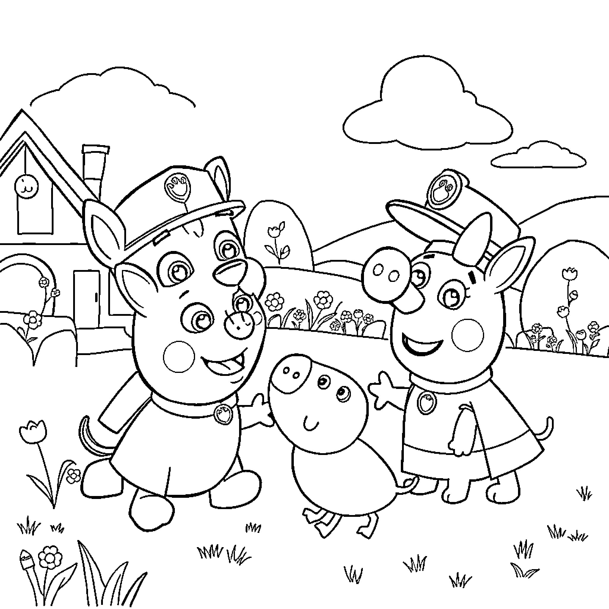 Paw Patrol characters interacting joyfully in a garden Coloring Page (free black-and-white line drawing printable PDF for all, from beginners to advanced learners, including children, teens, adults, and seniors)