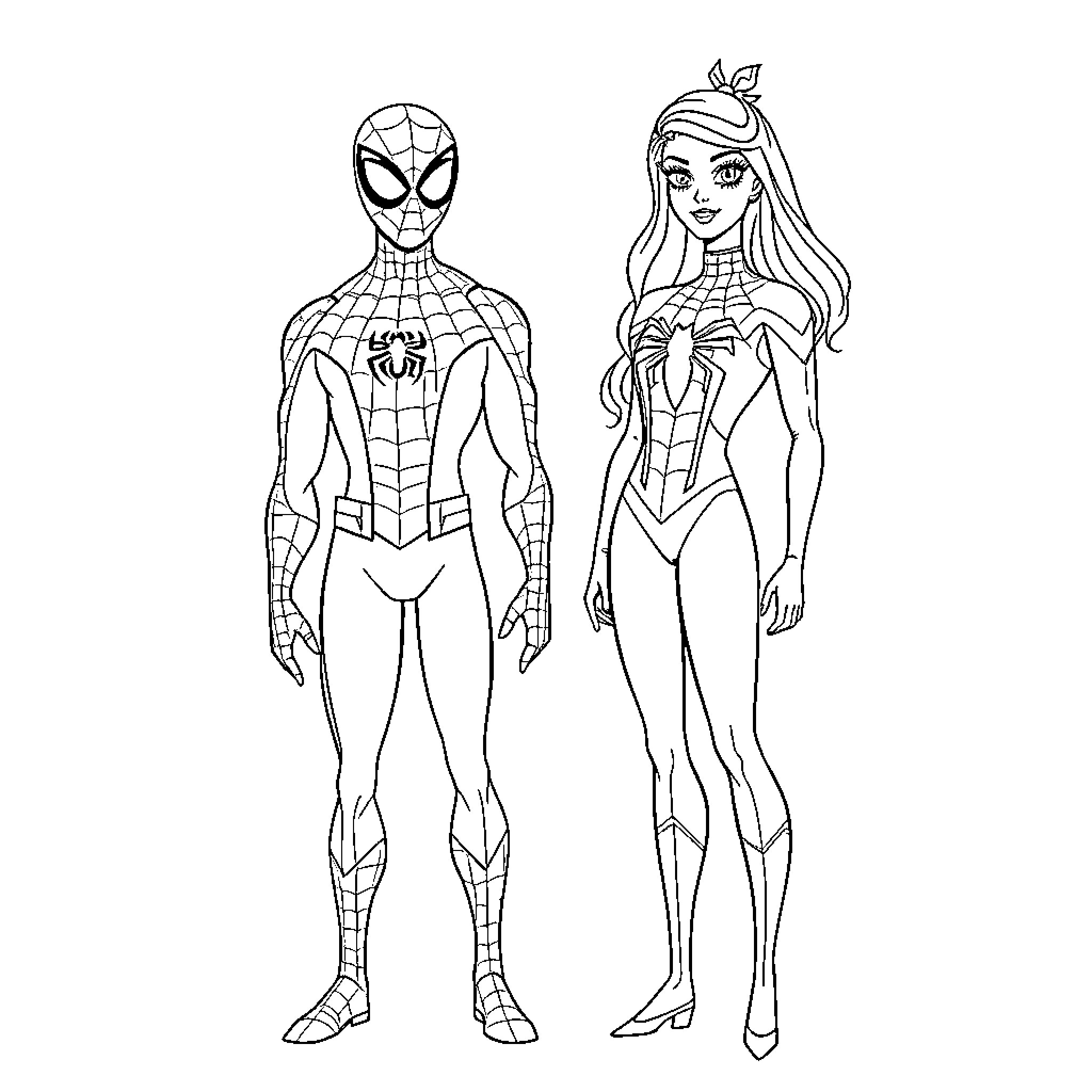 Barbie superheroes in action poses Coloring Page (free black-and-white line drawing printable PDF for all, from beginners to advanced learners, including children, teens, adults, and seniors)