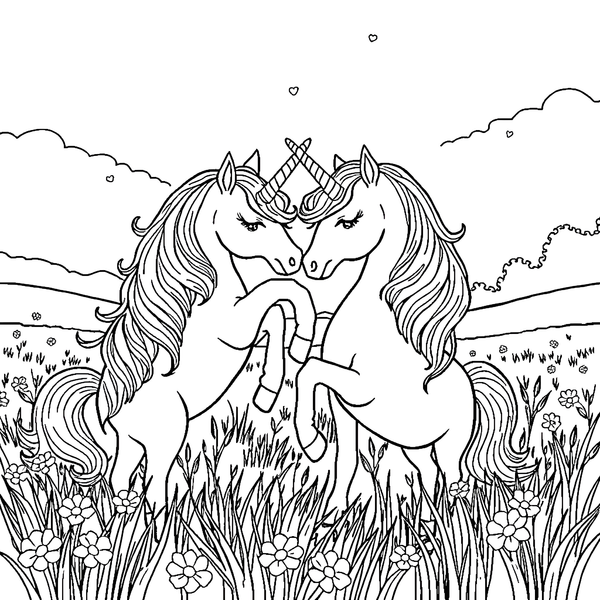 Unicorn friends embracing in a magical meadow Coloring Page (free black-and-white line drawing printable PDF for all, from beginners to advanced learners, including children, teens, adults, and seniors)