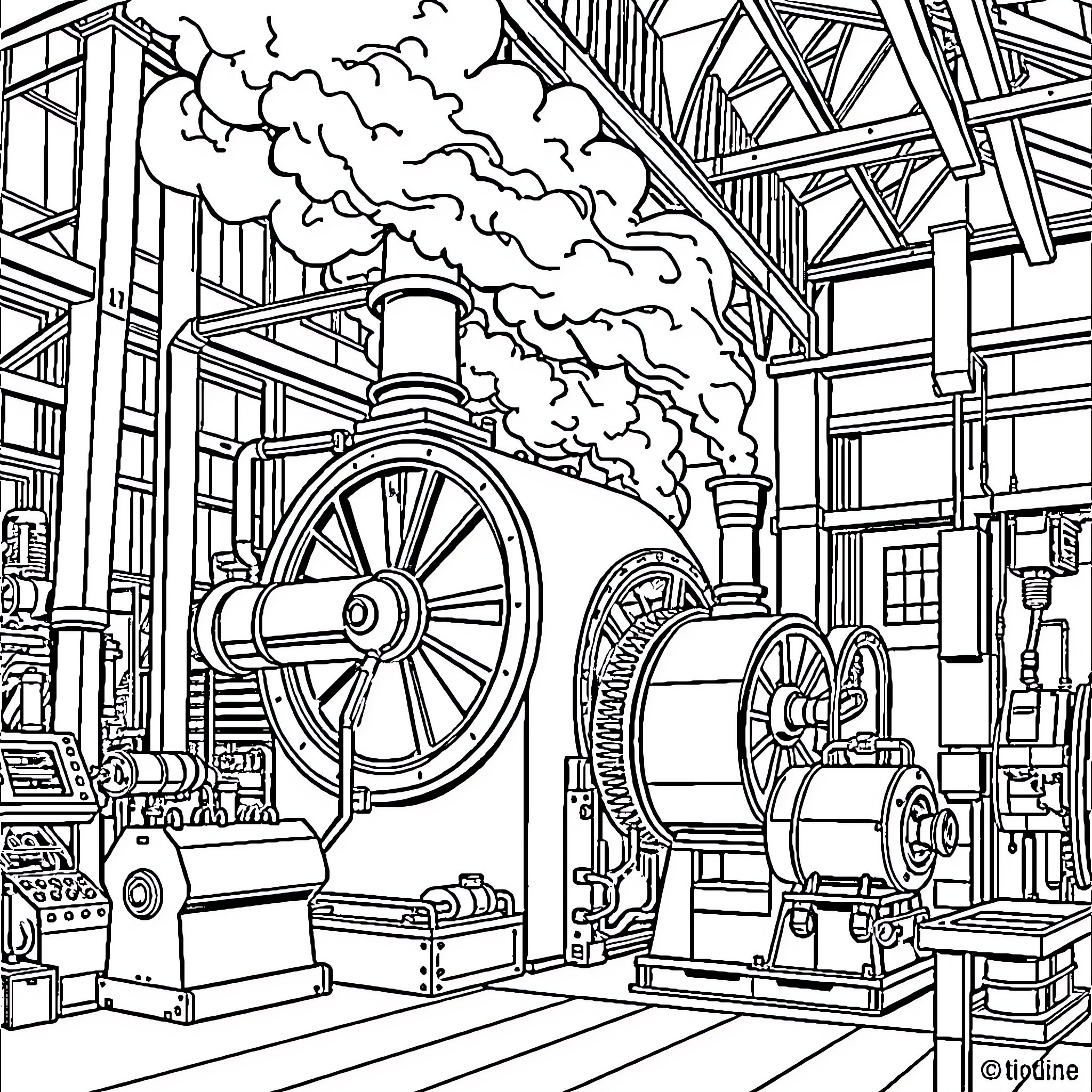 Boiler Room with Machinery and Steam Coloring Page (free black-and-white line drawing printable PDF for all, from beginners to advanced learners, including children, teens, adults, and seniors)