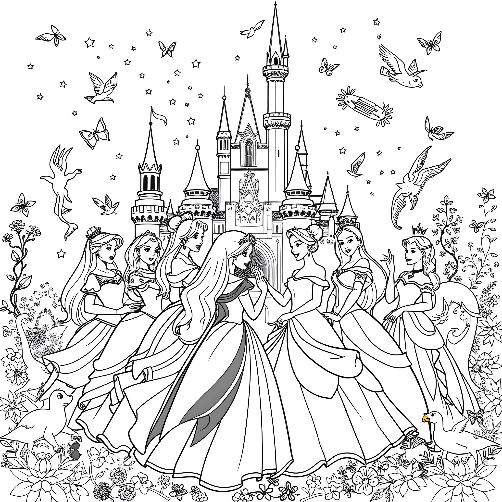 Disney Princess Gathering in a Magical Fairytale Landscape Coloring Page (free black-and-white line drawing printable PDF for all, from beginners to advanced learners, including children, teens, adults, and seniors)