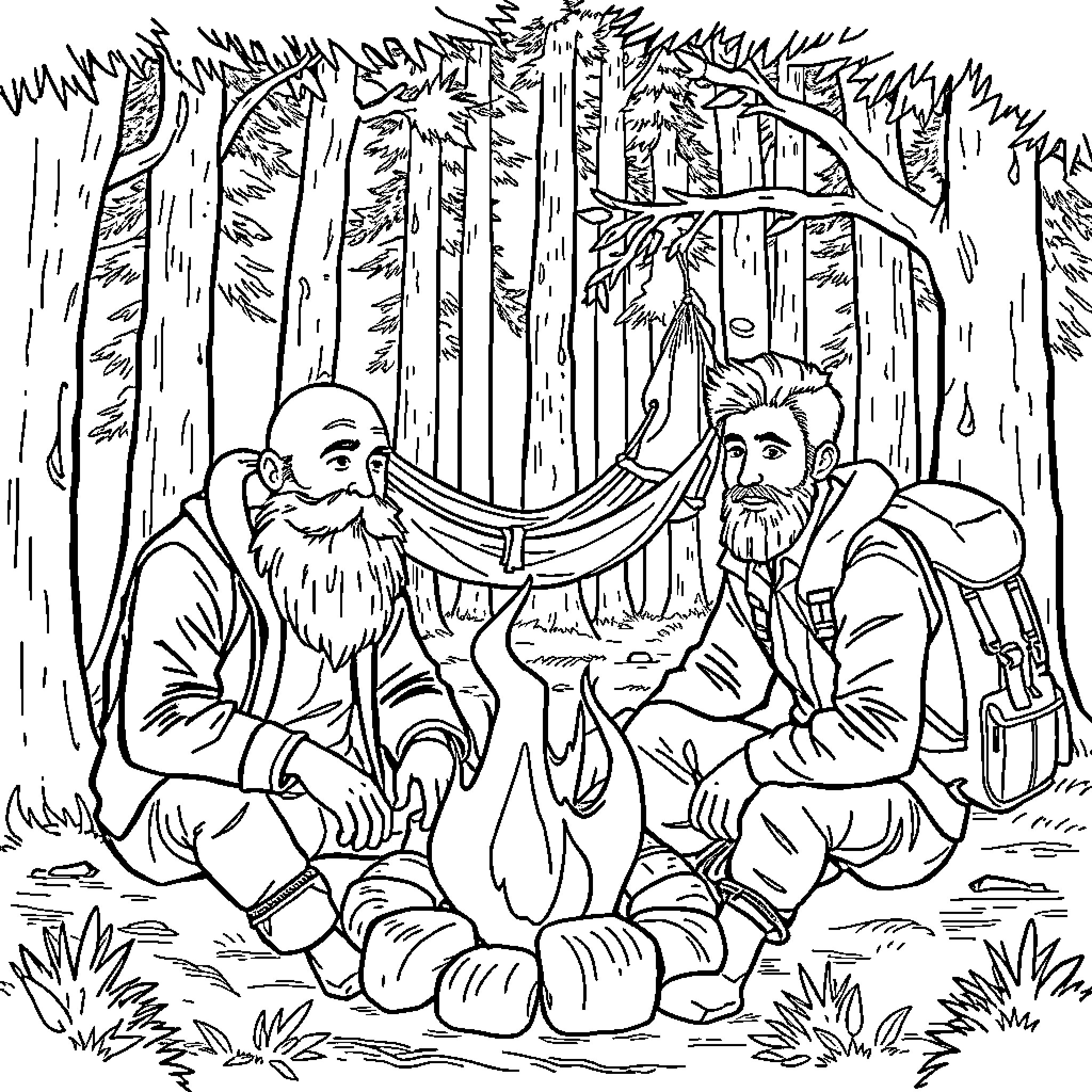 Man sitting by campfire in the forest Coloring Page (free black-and-white line drawing printable PDF for all, from beginners to advanced learners, including children, teens, adults, and seniors)