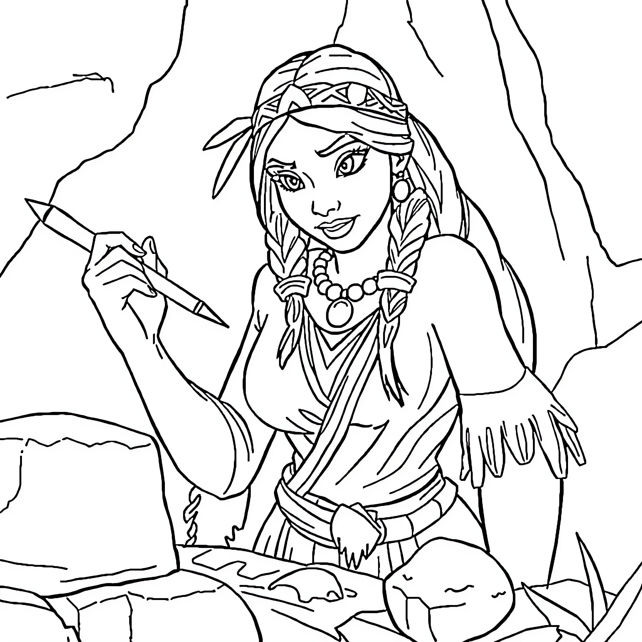 Pocahontas exploring the wilderness with her bow Coloring Page (free black-and-white line drawing printable PDF for all, from beginners to advanced learners, including children, teens, adults, and seniors)