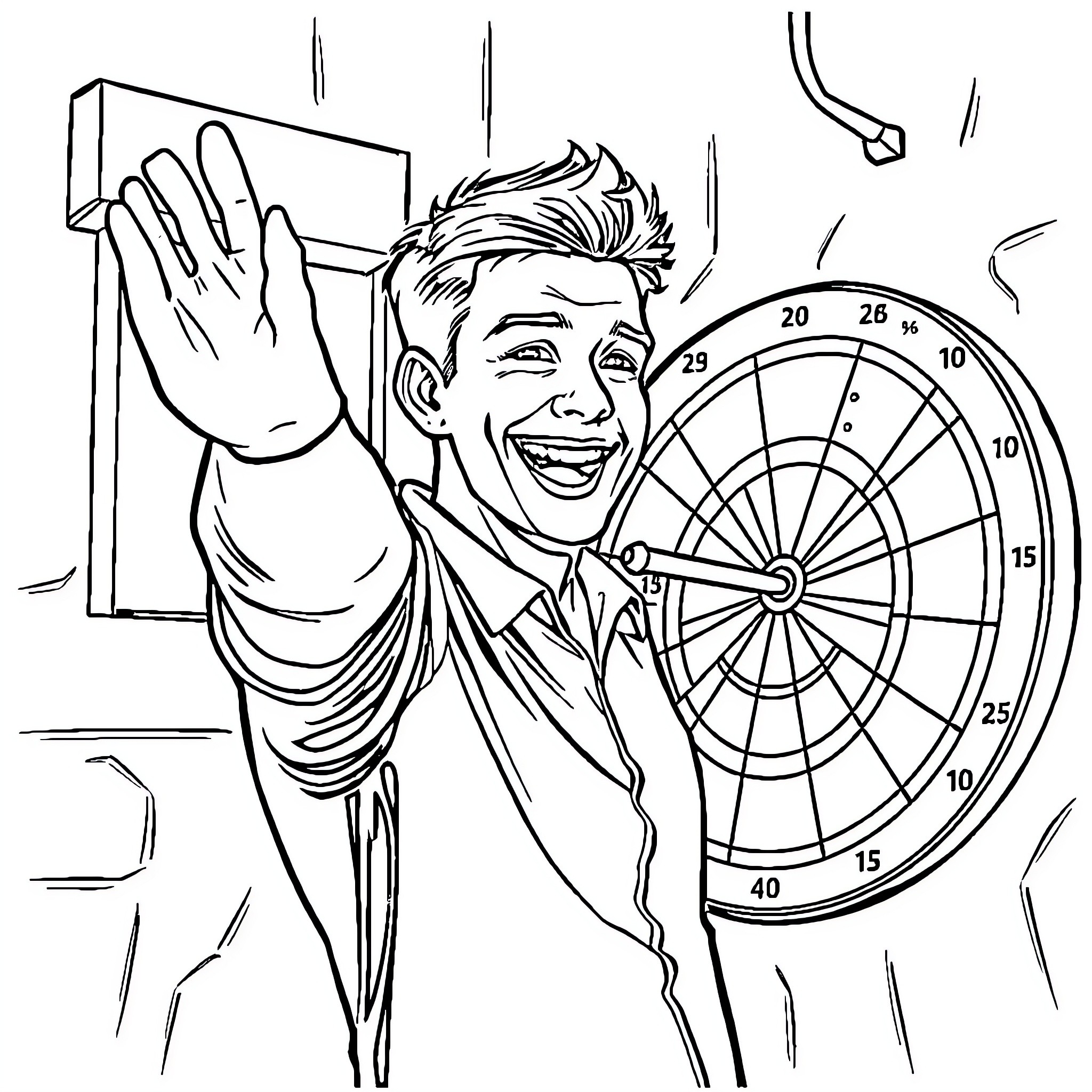 Boyfriend excitedly playing darts at a bar Coloring Page (free black-and-white line drawing printable PDF for all, from beginners to advanced learners, including children, teens, adults, and seniors)