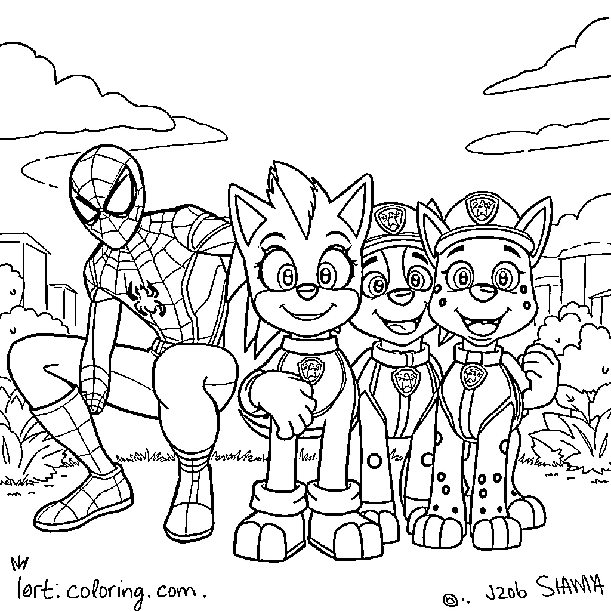 Superhero Team Assembles for Adventure Coloring Page (free black-and-white line drawing printable PDF for all, from beginners to advanced learners, including children, teens, adults, and seniors)