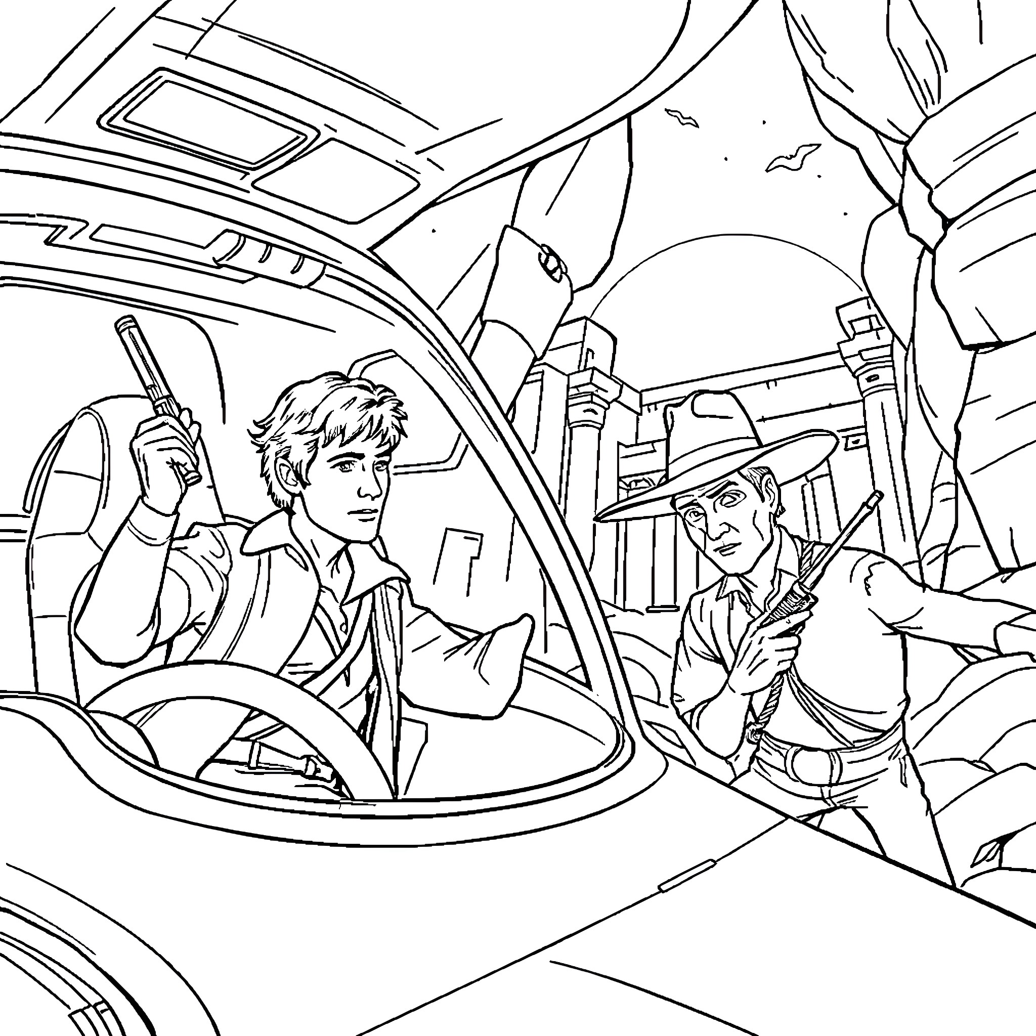 Han Solo in action-packed space adventure Coloring Page (free black-and-white line drawing printable PDF for all, from beginners to advanced learners, including children, teens, adults, and seniors)