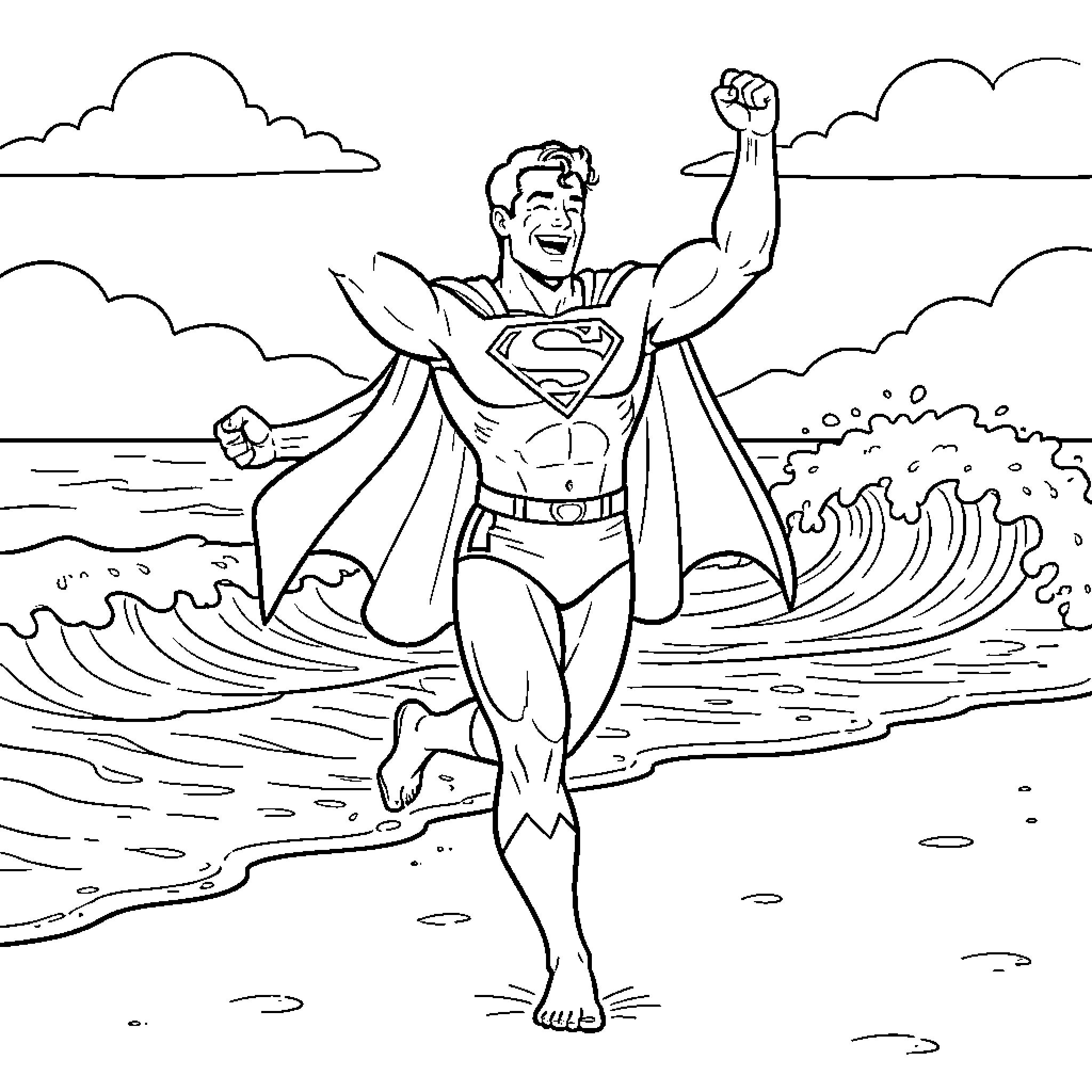 Superman soaring through the air with heroic pose Coloring Page (free black-and-white line drawing printable PDF for all, from beginners to advanced learners, including children, teens, adults, and seniors)