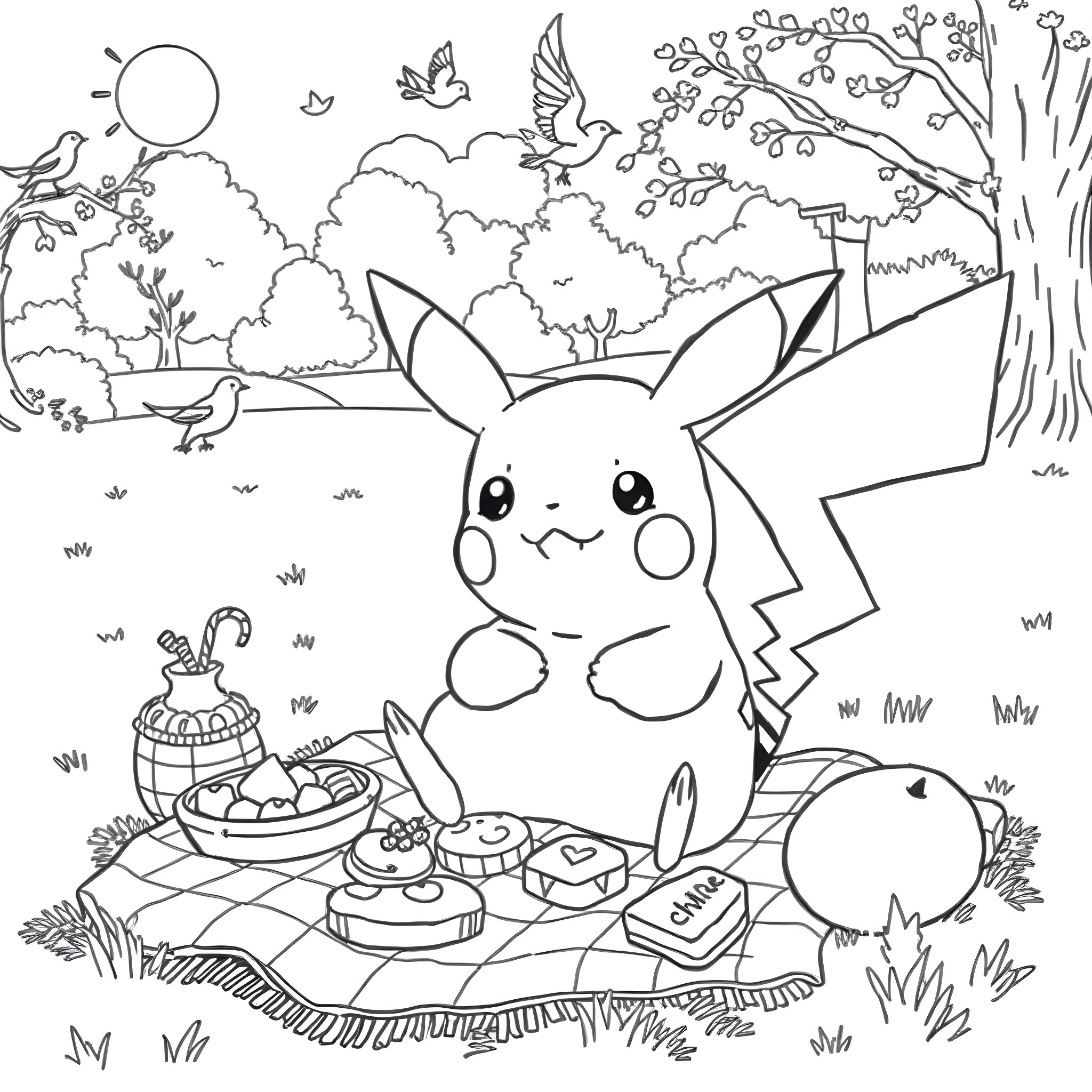 Pikachu enjoying a picnic in the park Coloring Page (free black-and-white line drawing printable PDF for all, from beginners to advanced learners, including children, teens, adults, and seniors)