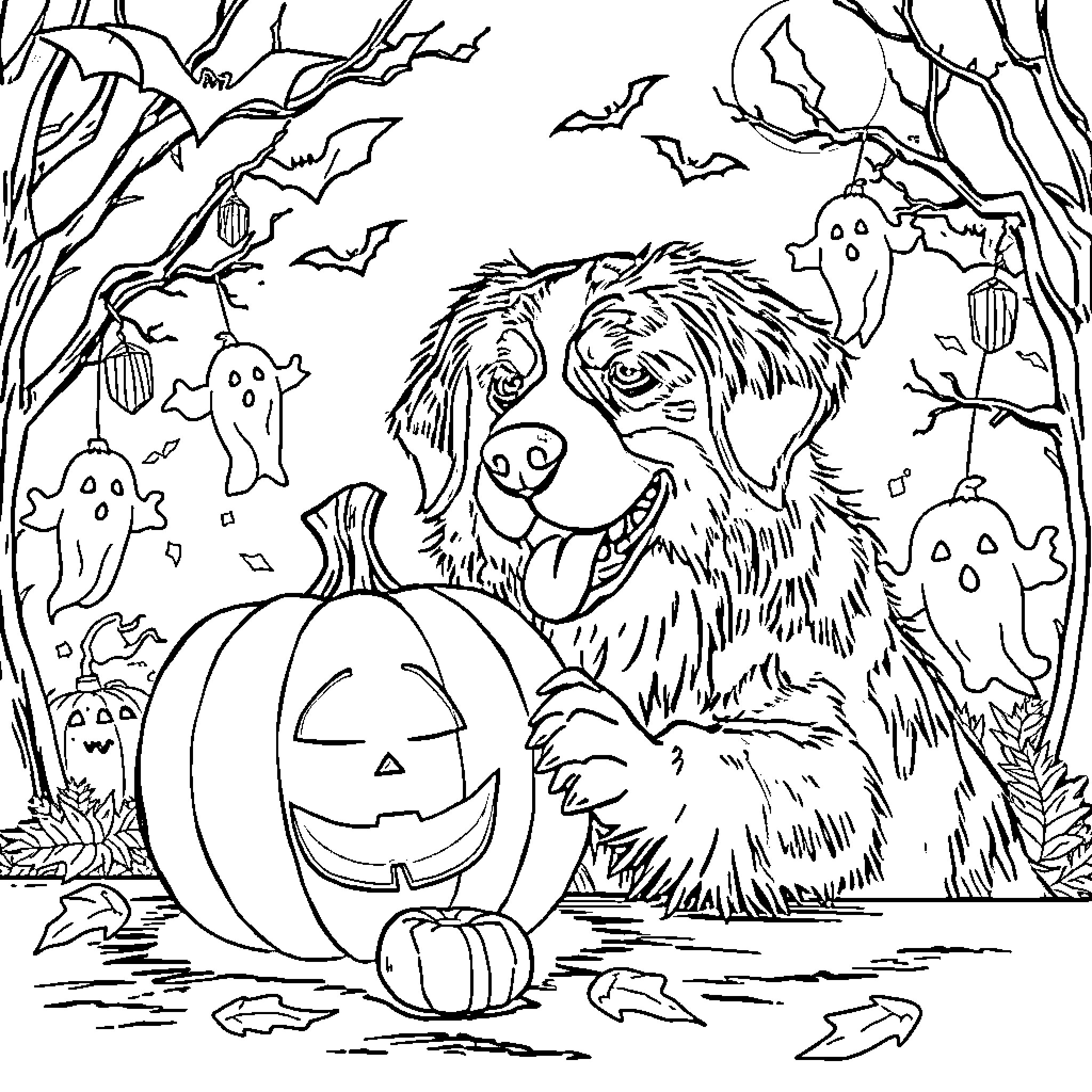 Bernese Mountain Dog enjoying Halloween festivities Coloring Page (free black-and-white line drawing printable PDF for all, from beginners to advanced learners, including children, teens, adults, and seniors)