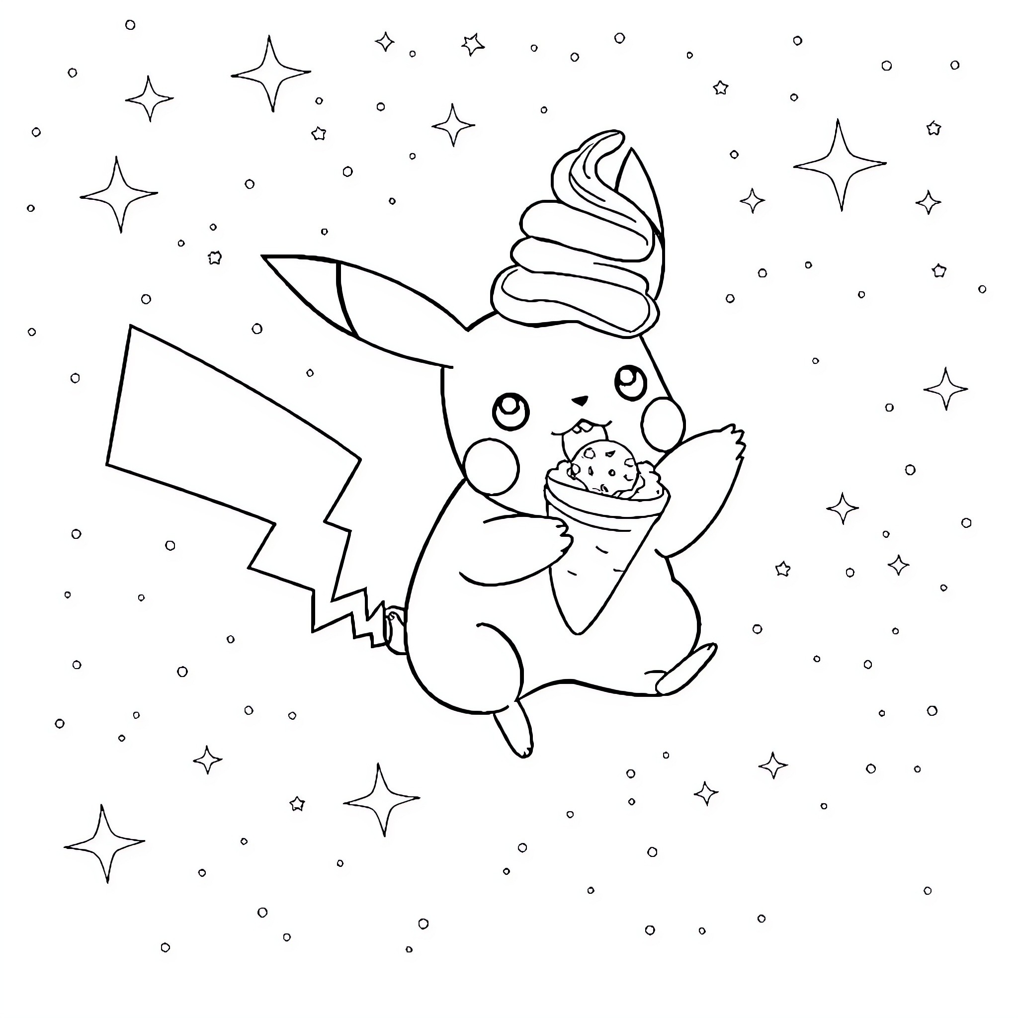 Pikachu enjoying a sweet treat in the starry night Coloring Page (free black-and-white line drawing printable PDF for all, from beginners to advanced learners, including children, teens, adults, and seniors)