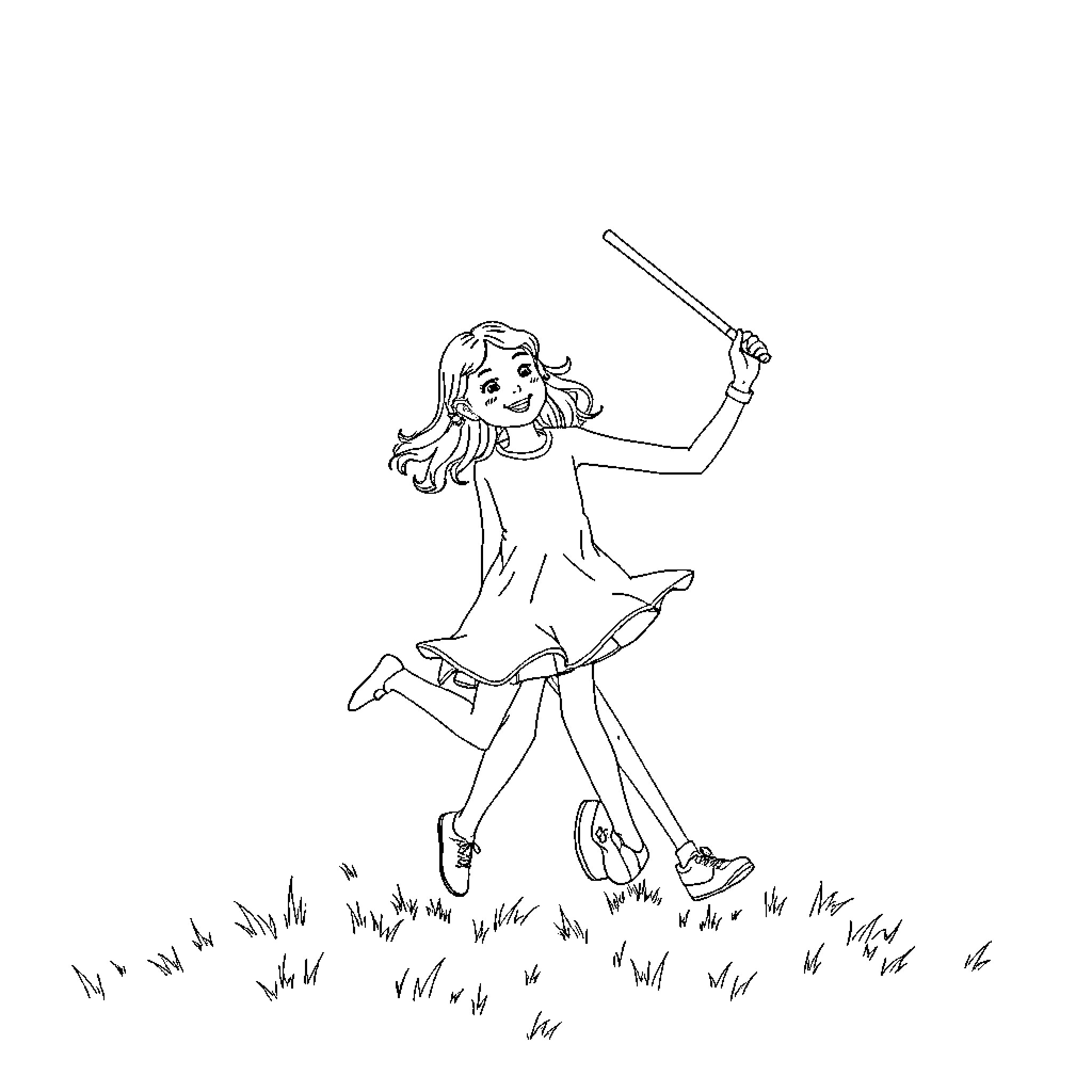 Girl skipping joyfully through the meadow Coloring Page (free black-and-white line drawing printable PDF for all, from beginners to advanced learners, including children, teens, adults, and seniors)
