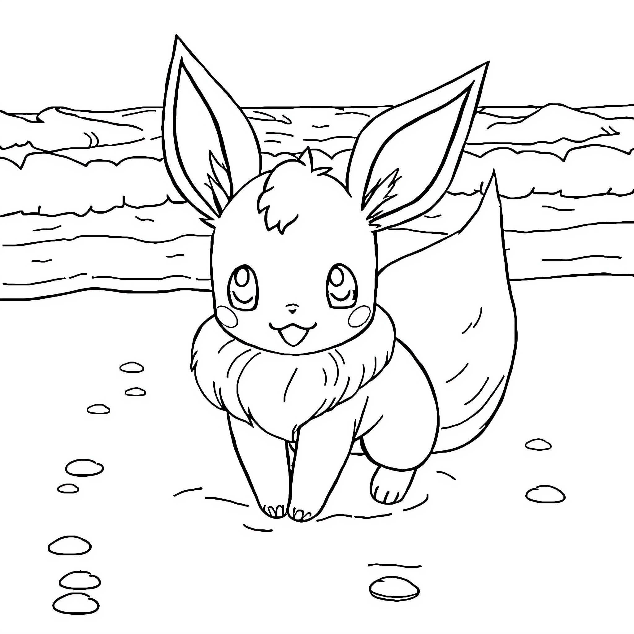 Eevee exploring the shore Coloring Page (free black-and-white line drawing printable PDF for all, from beginners to advanced learners, including children, teens, adults, and seniors)