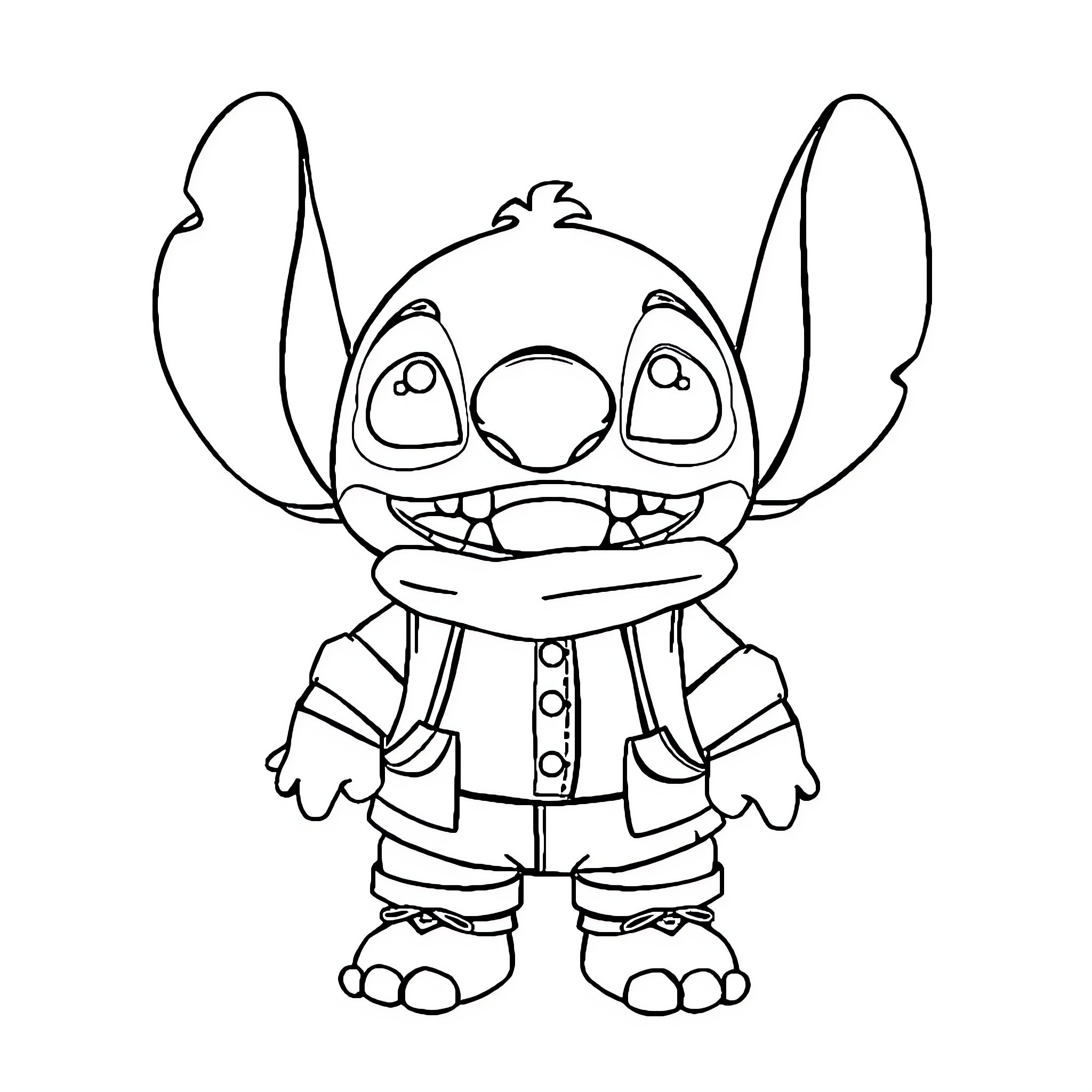 Stitch in a cheerful outfit Coloring Page (free black-and-white line drawing printable PDF for all, from beginners to advanced learners, including children, teens, adults, and seniors)