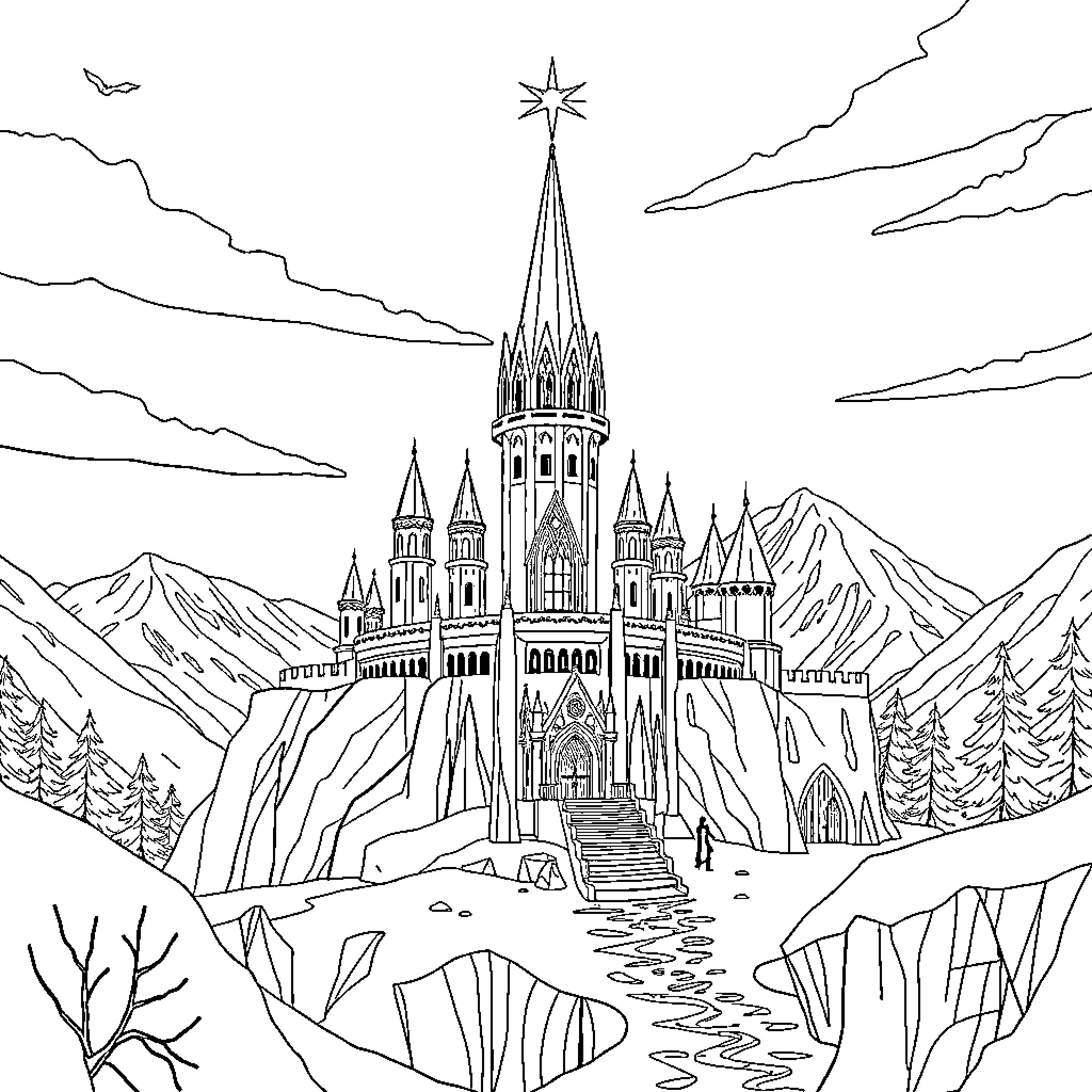 Castle in a Winter Wonderland Landscape Coloring Page (free black-and-white line drawing printable PDF for all, from beginners to advanced learners, including children, teens, adults, and seniors)