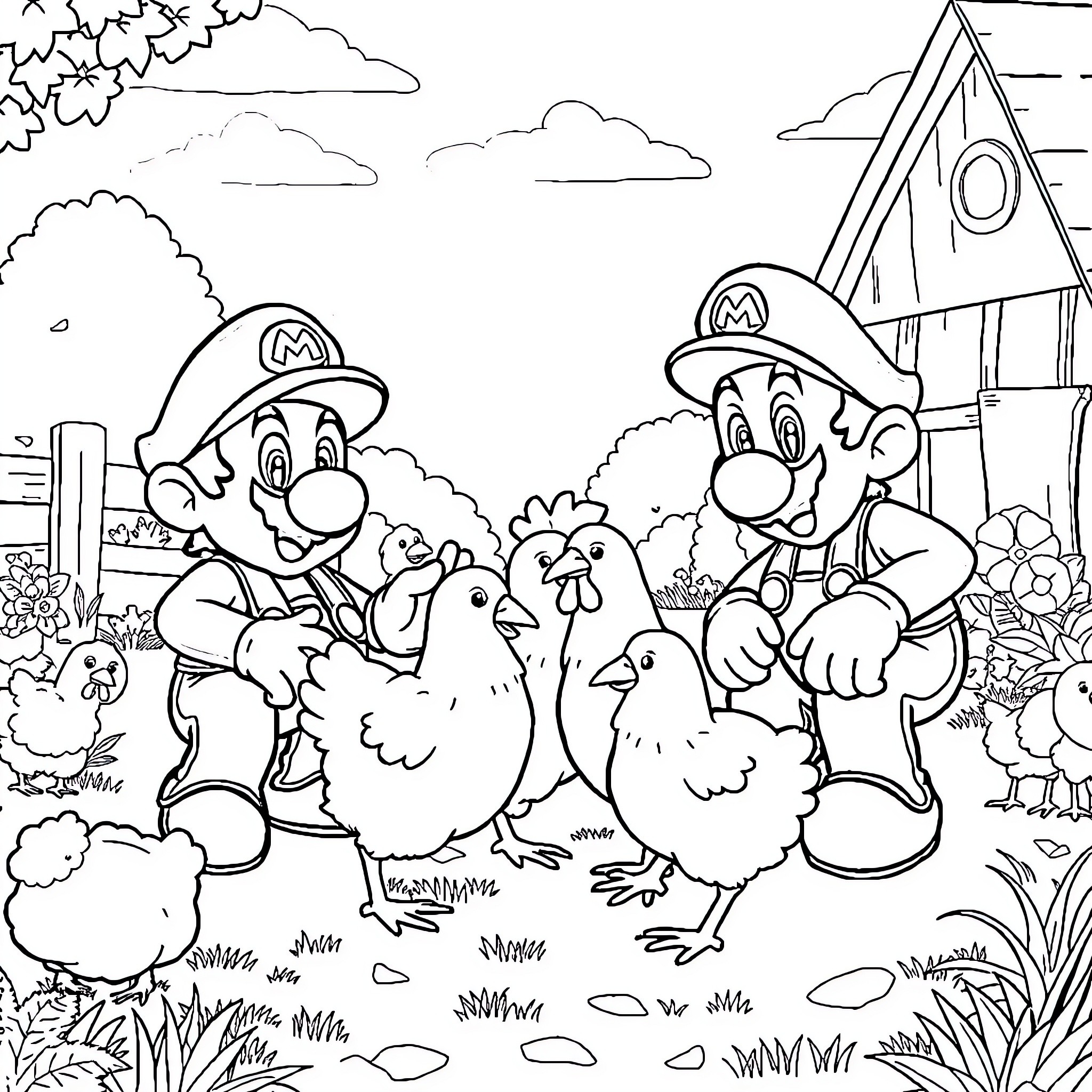 Mario and Luigi explore the farm with chickens Coloring Page (free black-and-white line drawing printable PDF for all, from beginners to advanced learners, including children, teens, adults, and seniors)