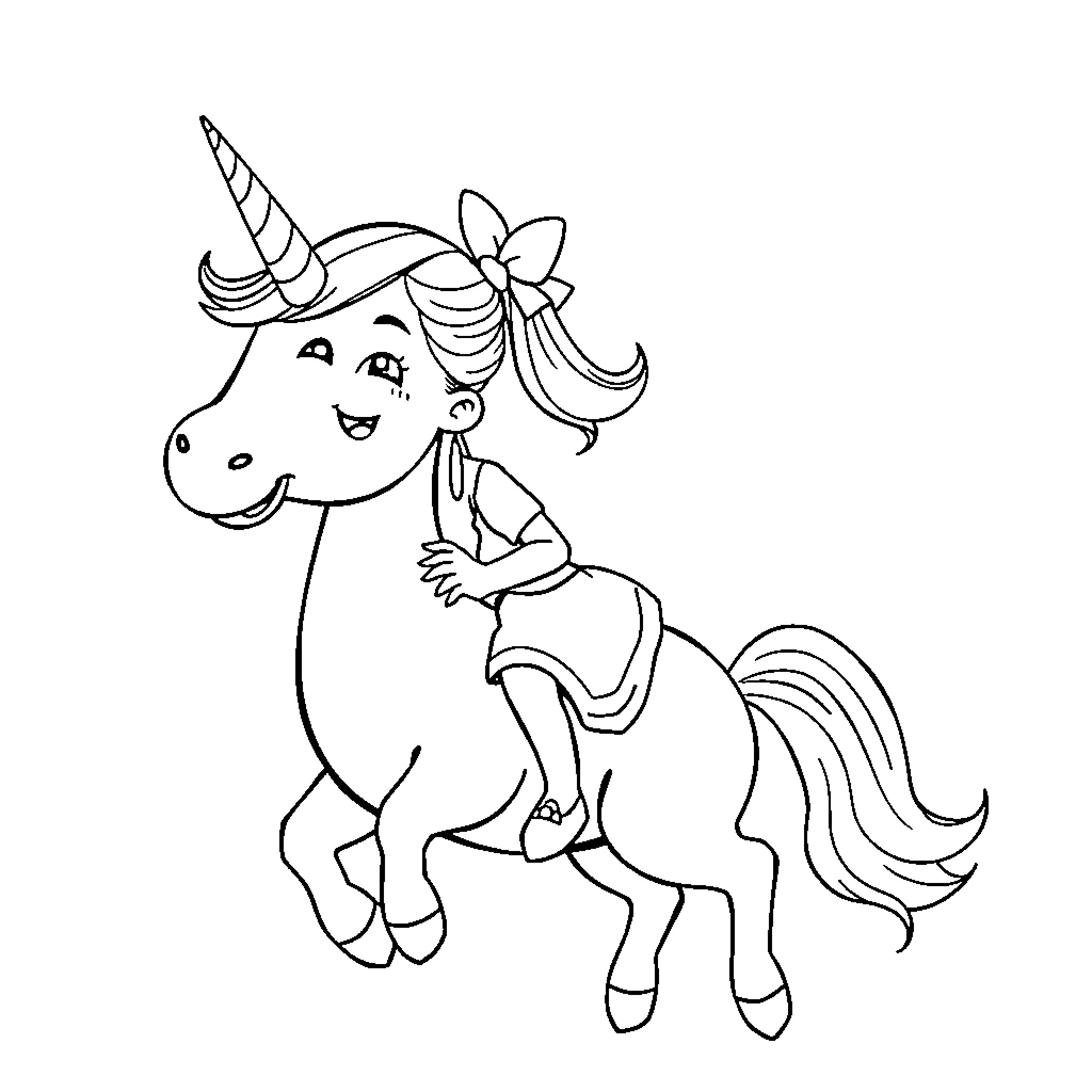 Girl unicorn with a bow and a horn Coloring Page (free black-and-white line drawing printable PDF for all, from beginners to advanced learners, including children, teens, adults, and seniors)