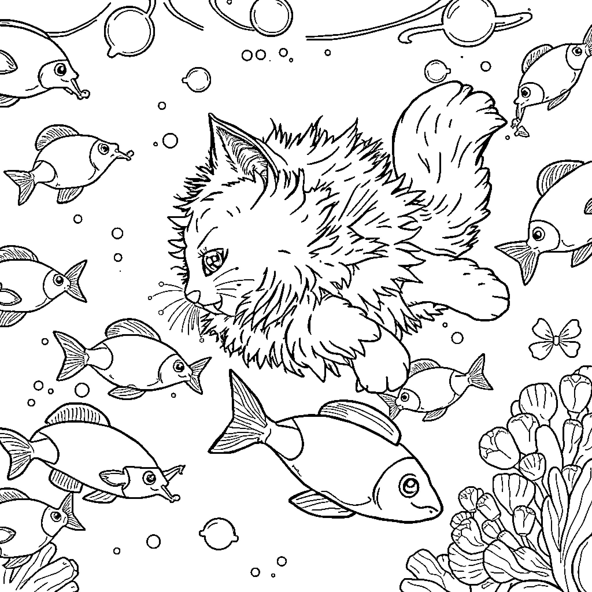 Cat exploring underwater world with fish Coloring Page (free black-and-white line drawing printable PDF for all, from beginners to advanced learners, including children, teens, adults, and seniors)