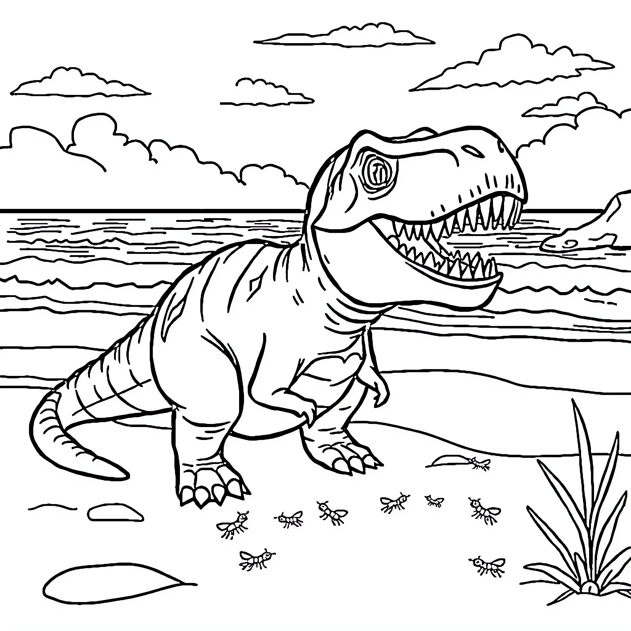 Dinosaur Hunting Prey on Coastal Landscape Coloring Page (free black-and-white line drawing printable PDF for all, from beginners to advanced learners, including children, teens, adults, and seniors)