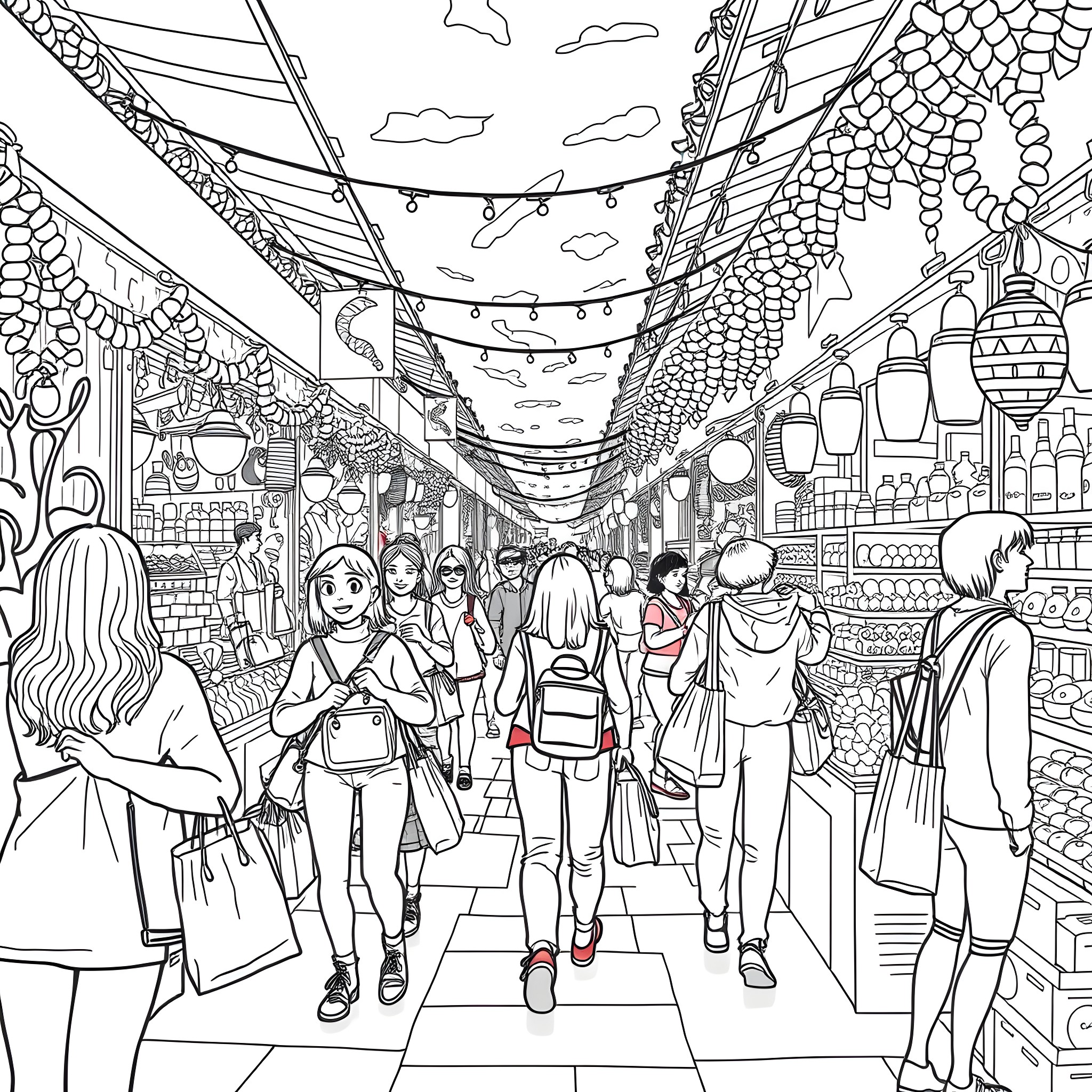 Shopping in a vibrant, festive marketplace Coloring Page (free black-and-white line drawing printable PDF for all, from beginners to advanced learners, including children, teens, adults, and seniors)