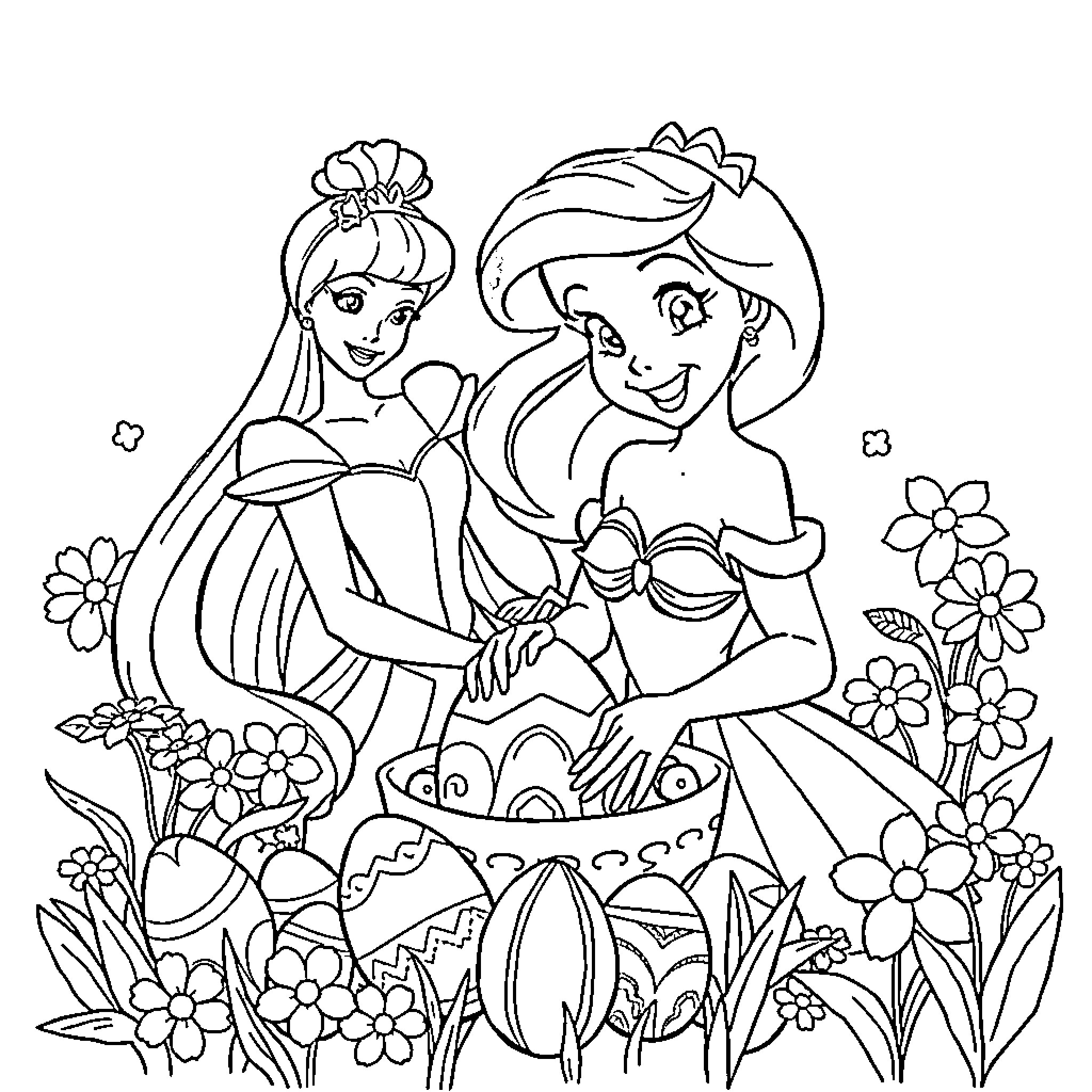 Ariel and Jasmine Enjoying Nature Together Coloring Page (free black-and-white line drawing printable PDF for all, from beginners to advanced learners, including children, teens, adults, and seniors)