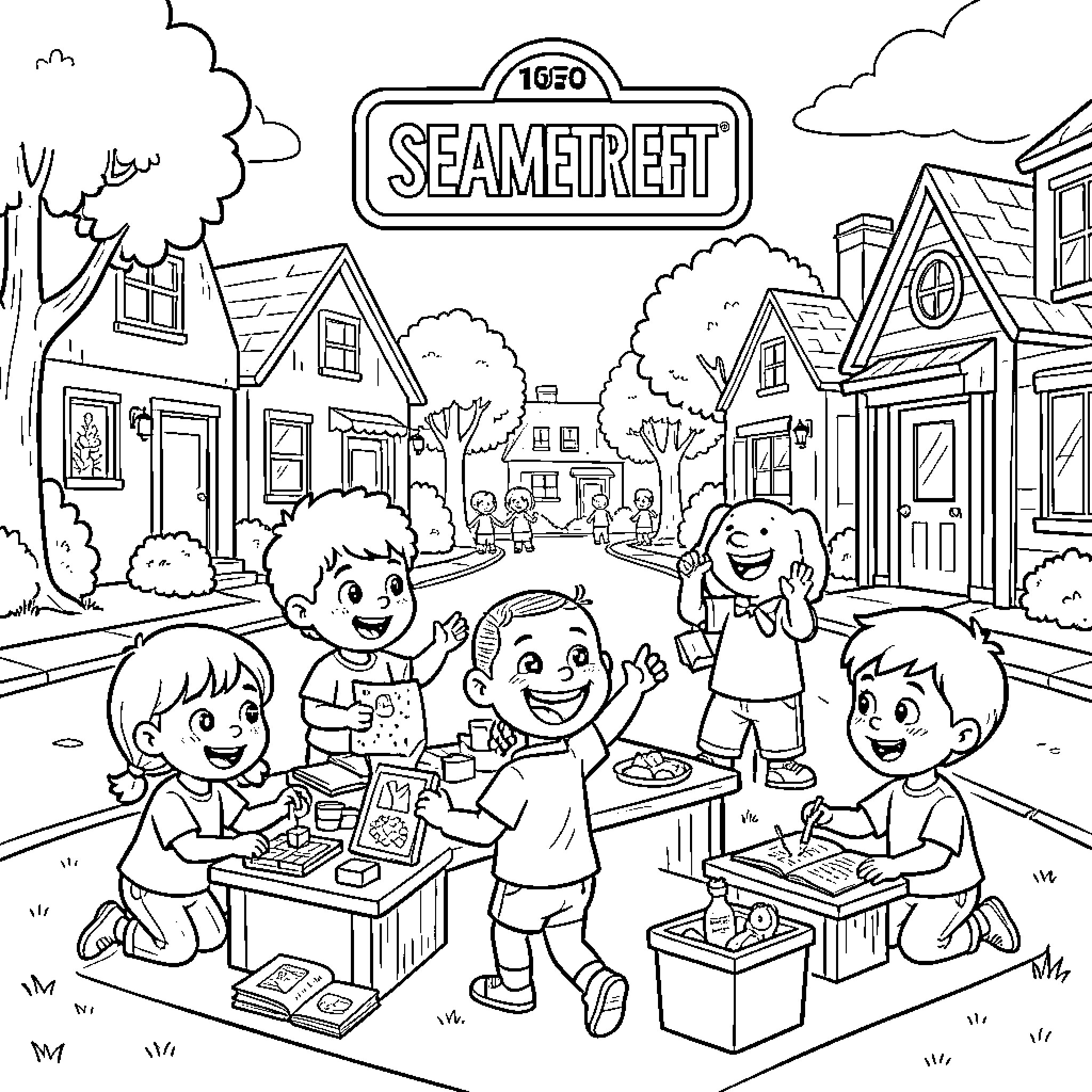 Baby Sesame Street characters playing together outdoors Coloring Page (free black-and-white line drawing printable PDF for all, from beginners to advanced learners, including children, teens, adults, and seniors)