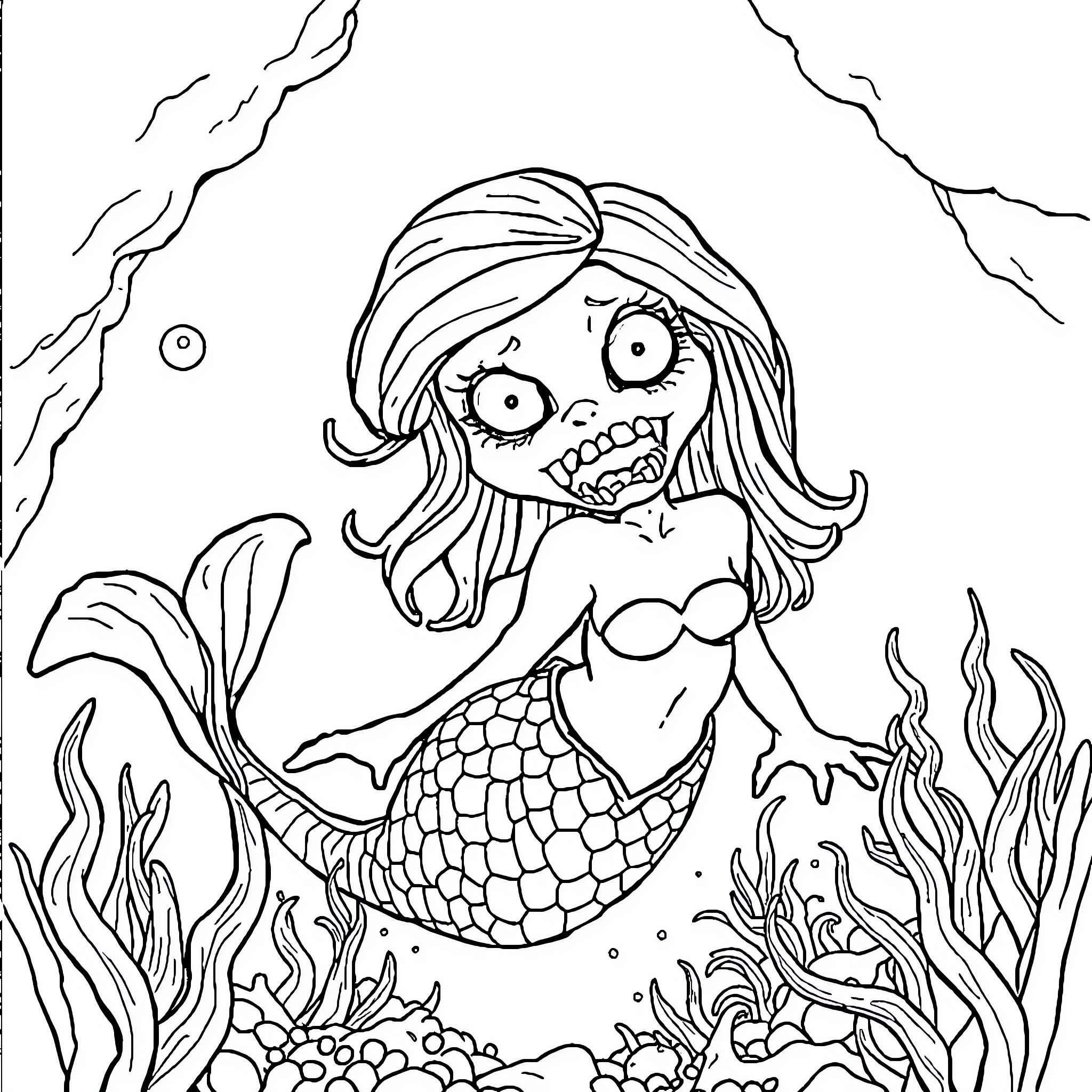 Mermaid with Exaggerated Facial Features Surrounded by Sea Life Coloring Page (free black-and-white line drawing printable PDF for all, from beginners to advanced learners, including children, teens, adults, and seniors)
