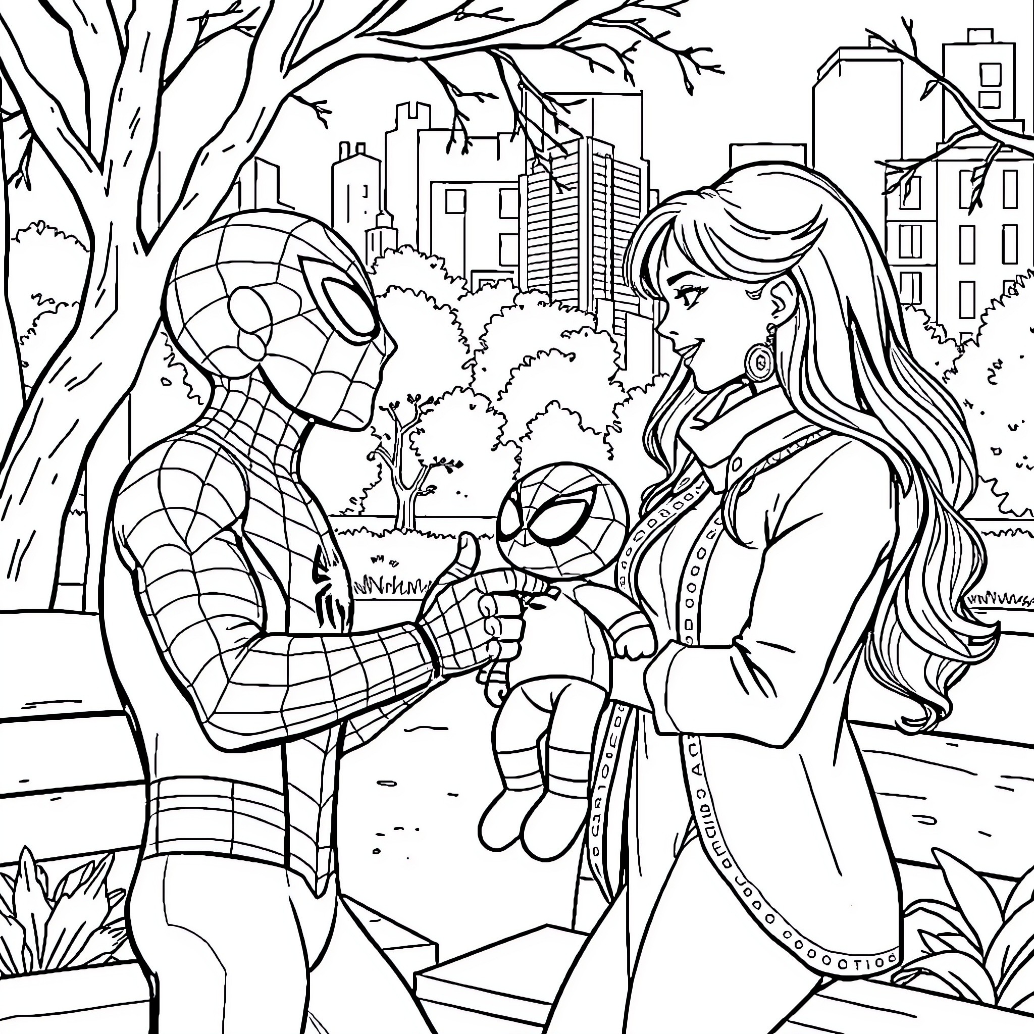 Spiderman interacts with a woman in the city park Coloring Page (free black-and-white line drawing printable PDF for all, from beginners to advanced learners, including children, teens, adults, and seniors)