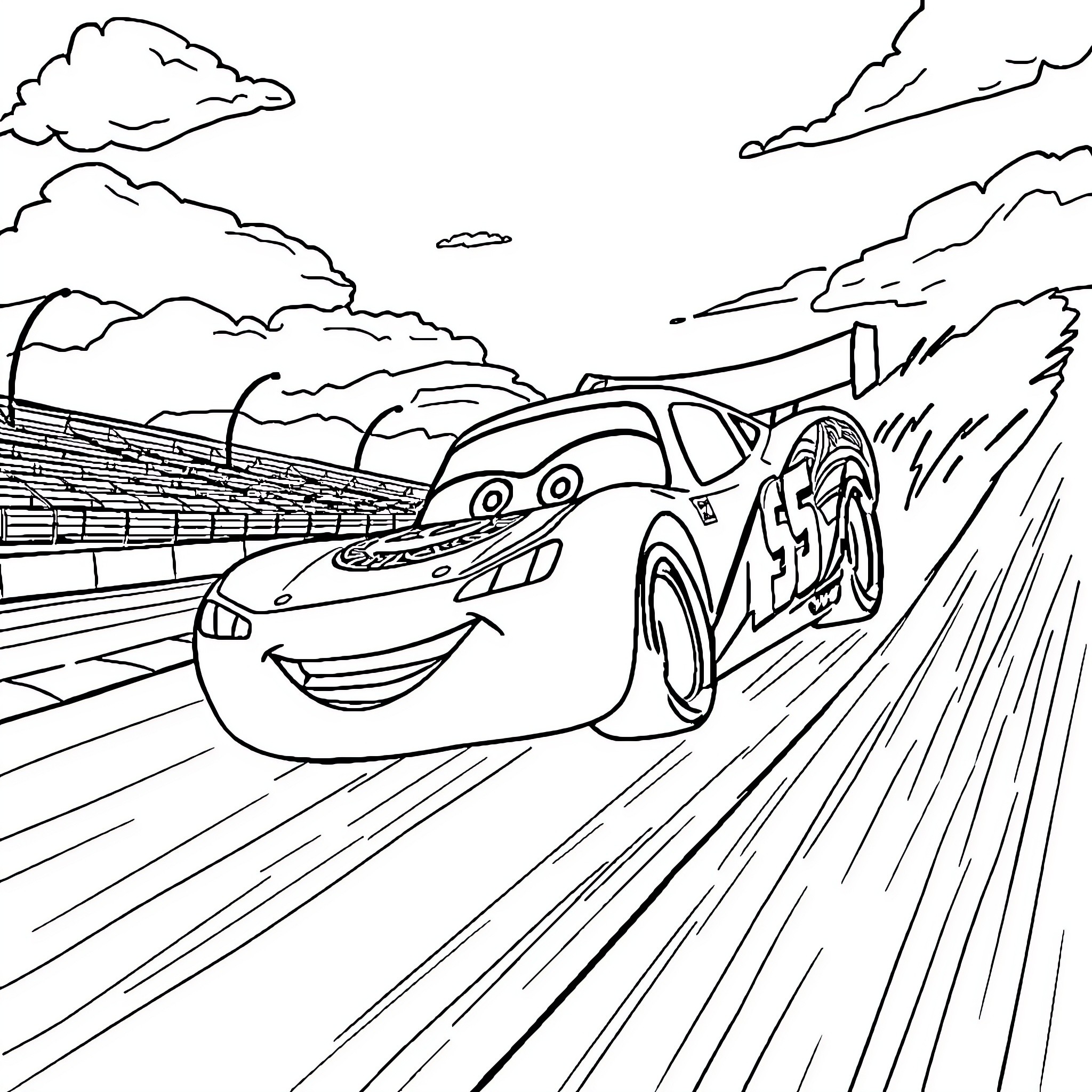 Lightning McQueen racing on the track Coloring Page (free black-and-white line drawing printable PDF for all, from beginners to advanced learners, including children, teens, adults, and seniors)