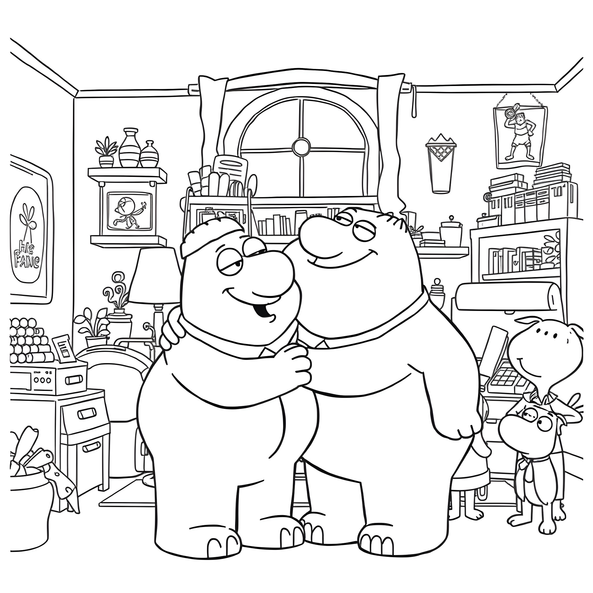 Louis Griffin cheerfully embracing his family in their cozy home Coloring Page (free black-and-white line drawing printable PDF for all, from beginners to advanced learners, including children, teens, adults, and seniors)
