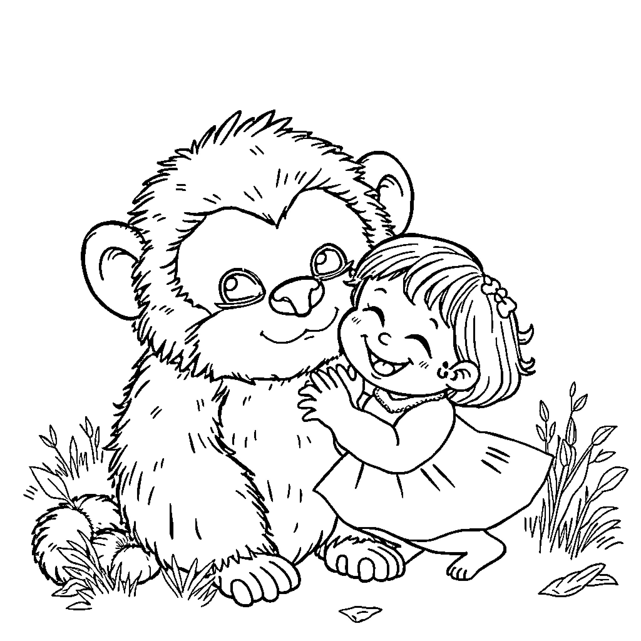 Samoyede and young girl playing together in the grass Coloring Page (free black-and-white line drawing printable PDF for all, from beginners to advanced learners, including children, teens, adults, and seniors)