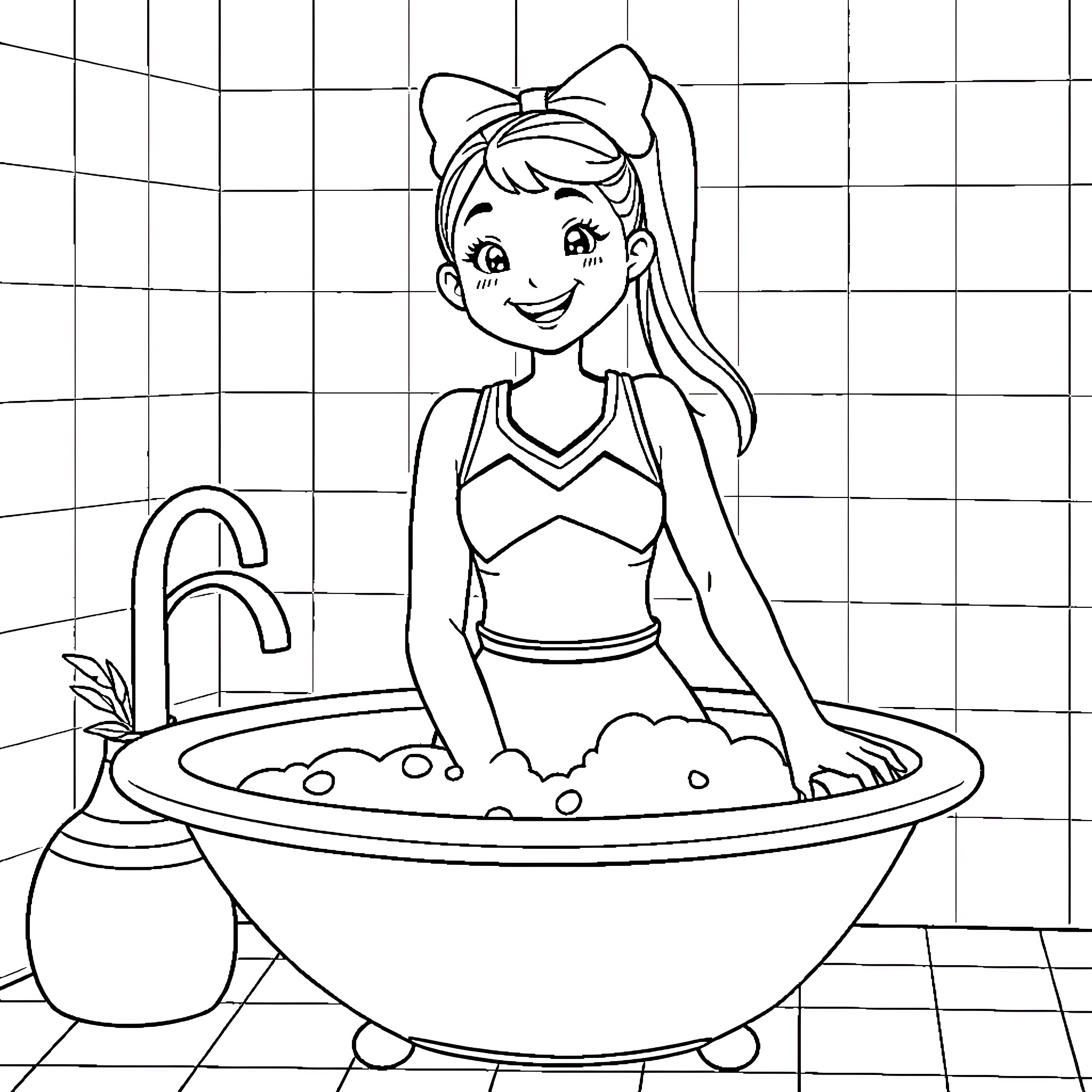 Cheerleader Relaxing in Bubble Bath Coloring Page (free black-and-white line drawing printable PDF for all, from beginners to advanced learners, including children, teens, adults, and seniors)