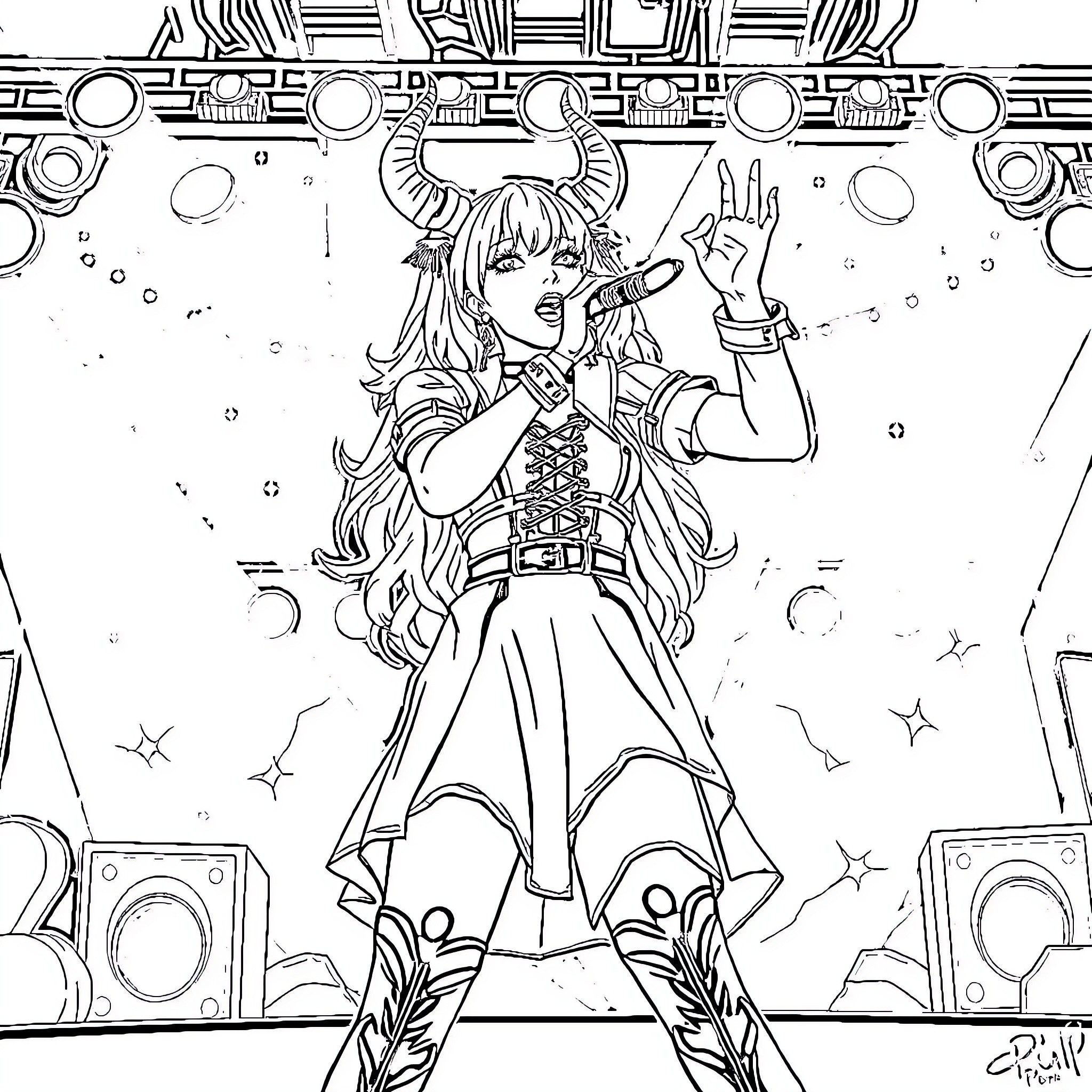 Rumi performing on stage with confidence Coloring Page (free black-and-white line drawing printable PDF for all, from beginners to advanced learners, including children, teens, adults, and seniors)