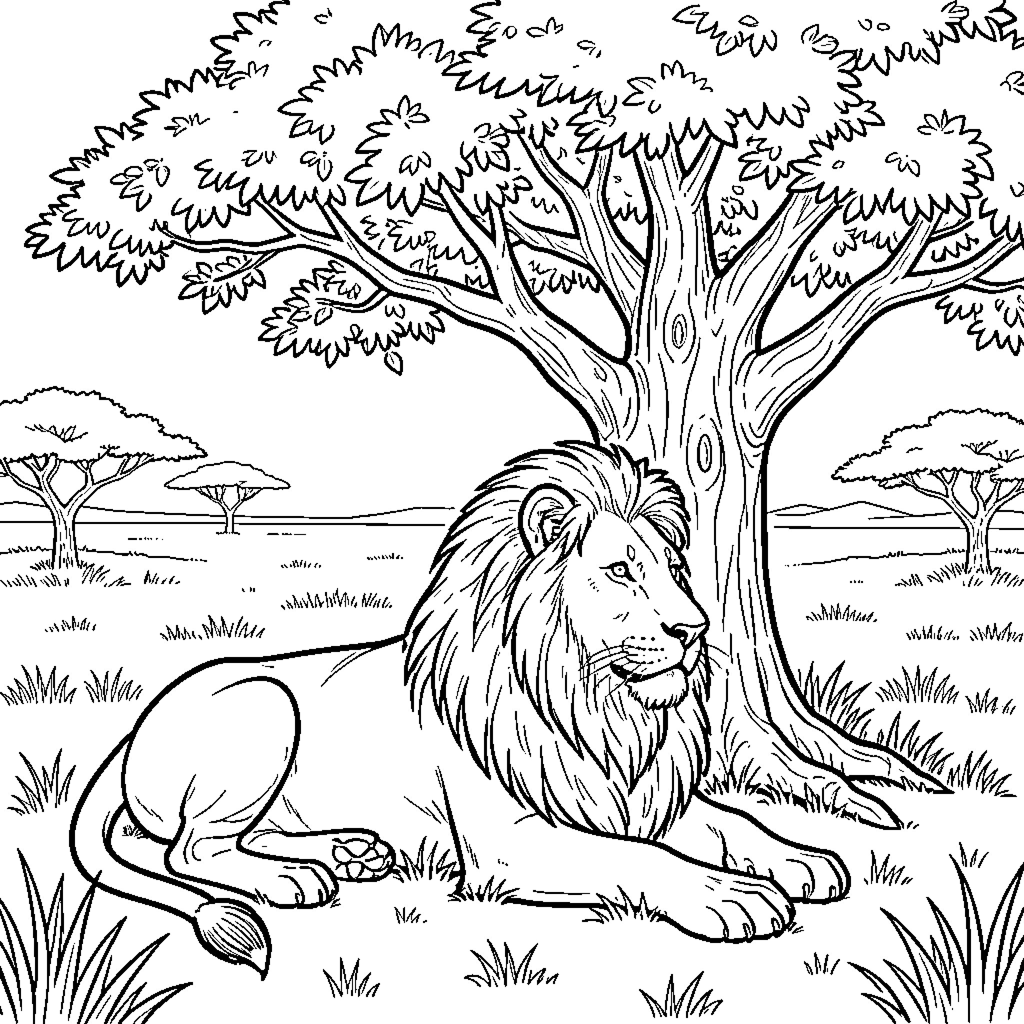 Lion resting peacefully in the wild Coloring Page (free black-and-white line drawing printable PDF for all, from beginners to advanced learners, including children, teens, adults, and seniors)
