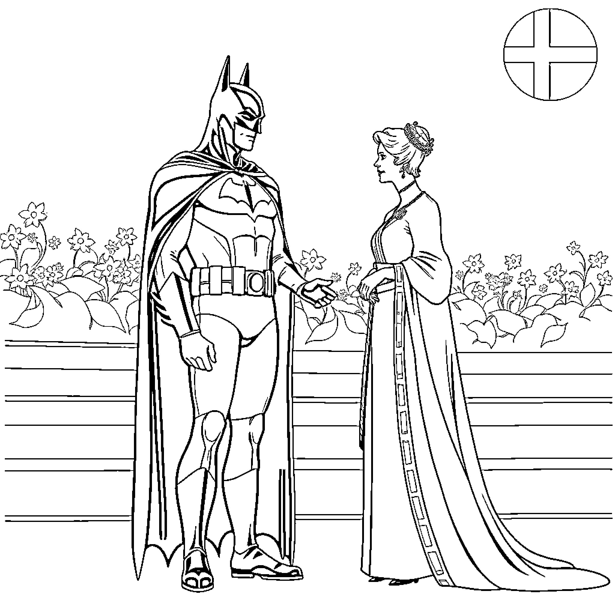 Batman meeting with a lady in a formal dress Coloring Page (free black-and-white line drawing printable PDF for all, from beginners to advanced learners, including children, teens, adults, and seniors)