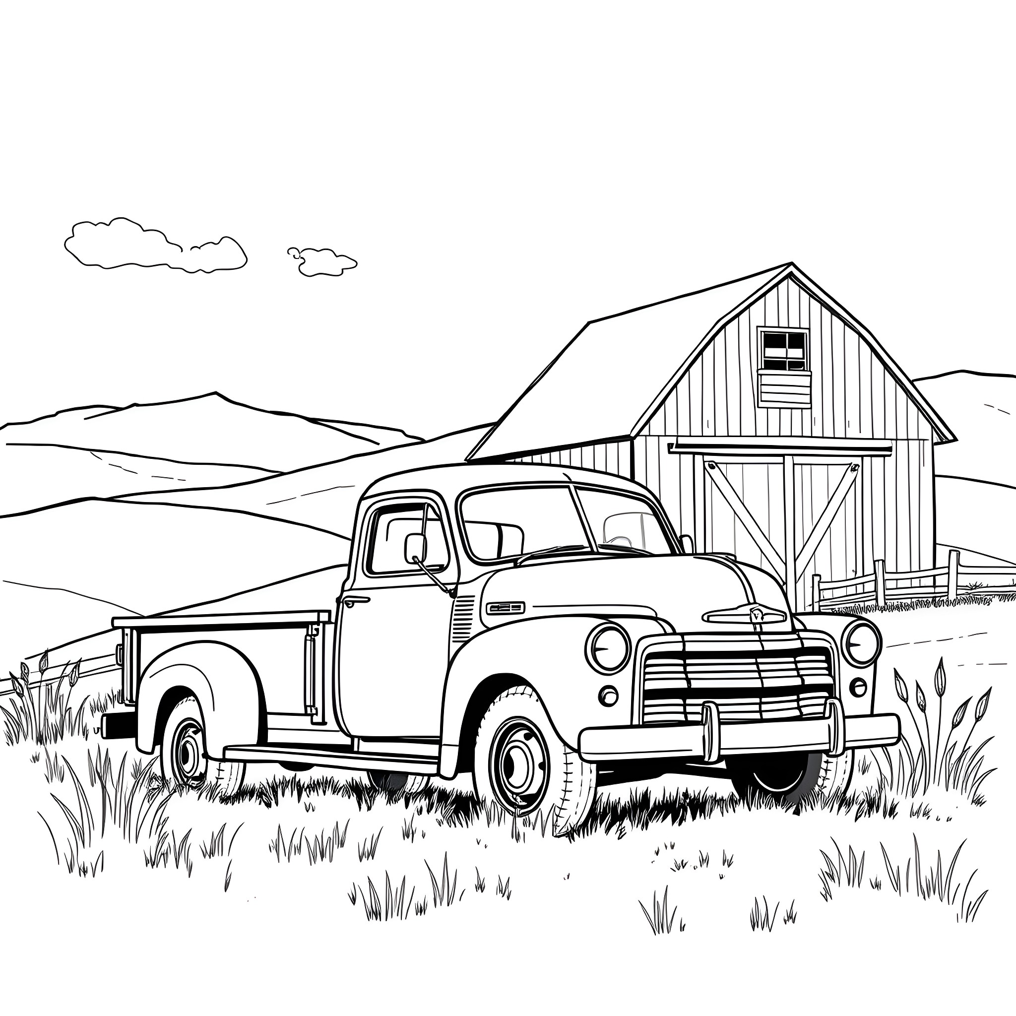 Truck in Front of Rustic Barn on Farm Coloring Page (free black-and-white line drawing printable PDF for all, from beginners to advanced learners, including children, teens, adults, and seniors)