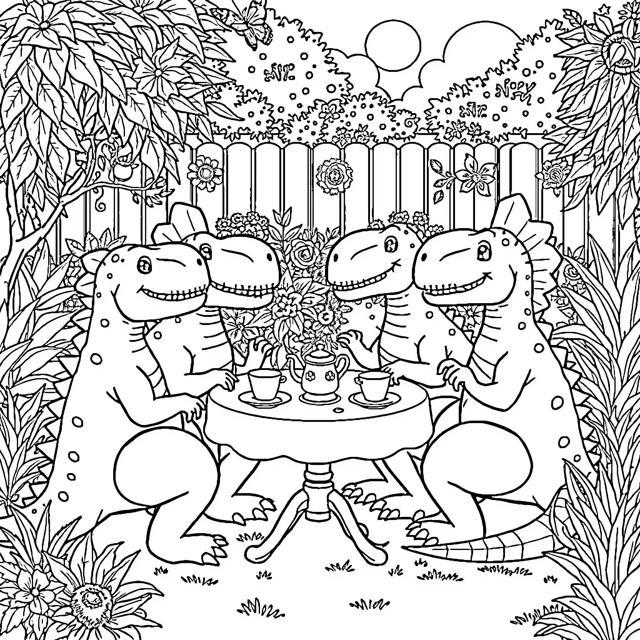 Dinosaurs enjoying a tea party in the garden Coloring Page (free black-and-white line drawing printable PDF for all, from beginners to advanced learners, including children, teens, adults, and seniors)