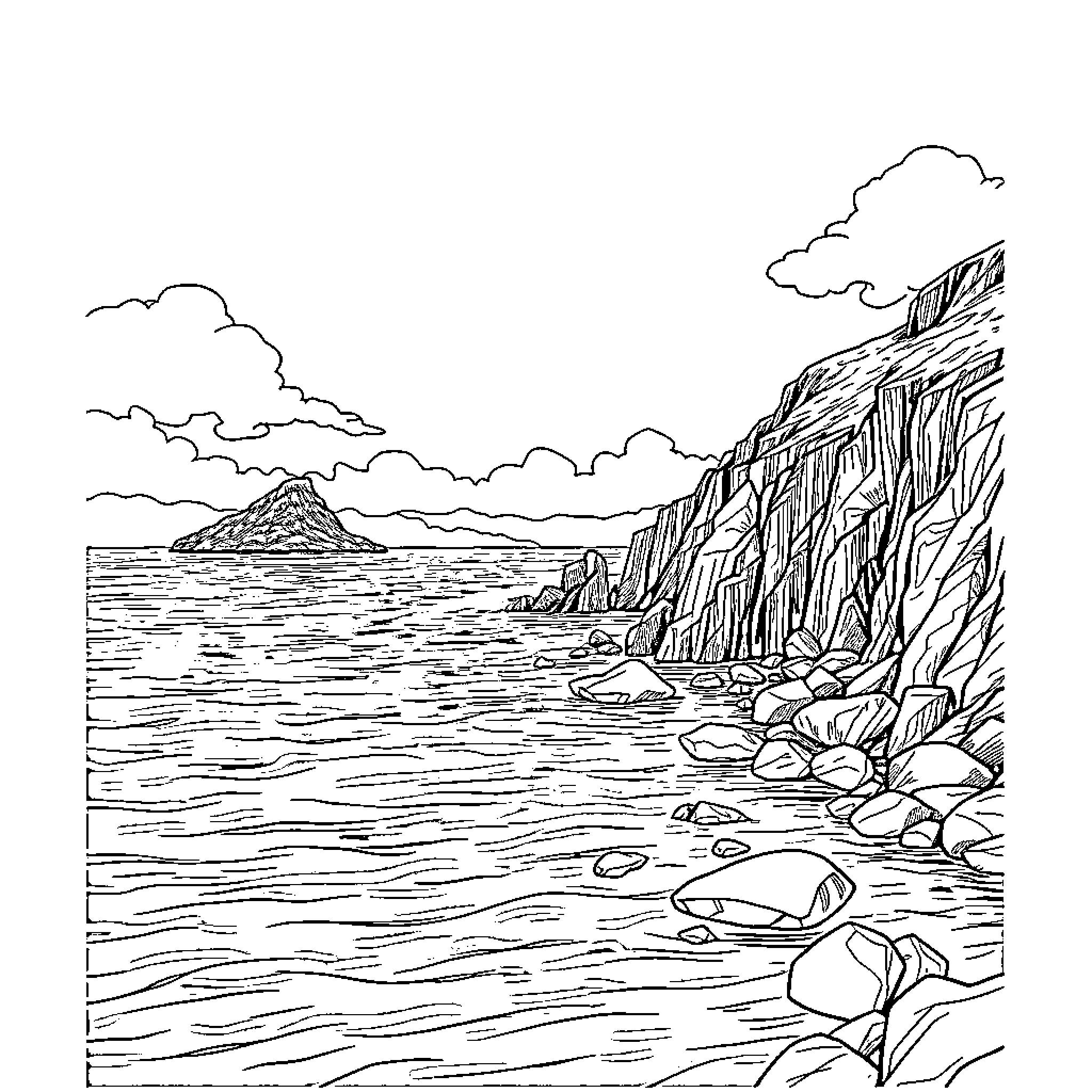 Seascape of rocky coastline and distant peaks Coloring Page (free black-and-white line drawing printable PDF for all, from beginners to advanced learners, including children, teens, adults, and seniors)